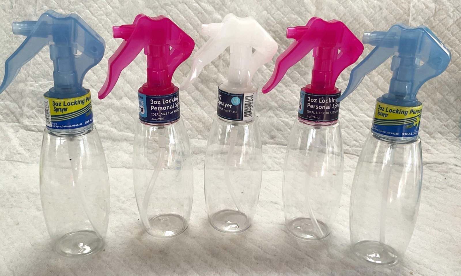 SPRAYCO LOT OF 5 ASSORTED COLOR TRIGGER HANDLE SPRAY CLEAR  TSA BOTTLES NEW 3 OZ