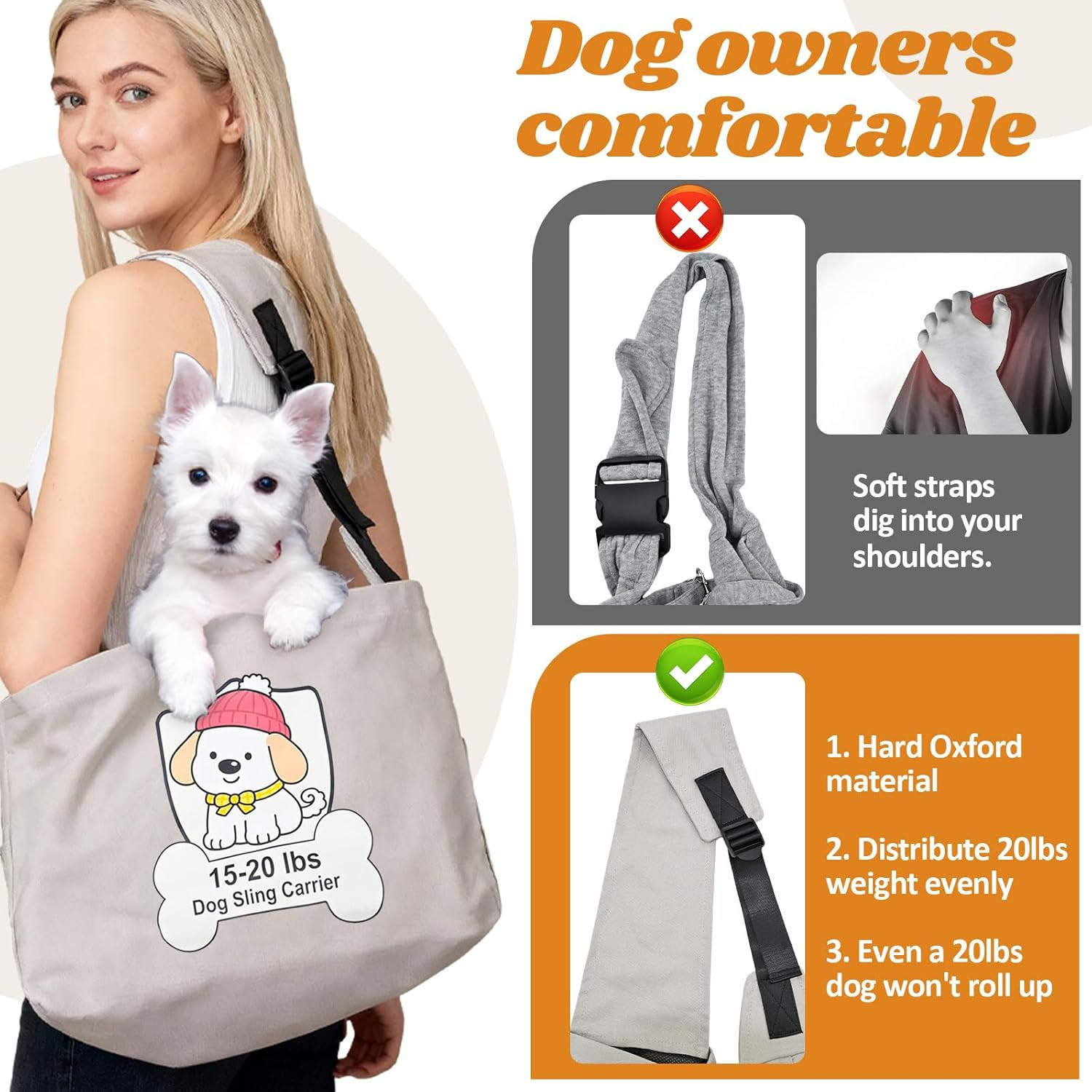 Dog Sling Carrier for Small Dogs 15-20 lbs - Hands-Free Pet Carrier with Hard Bo