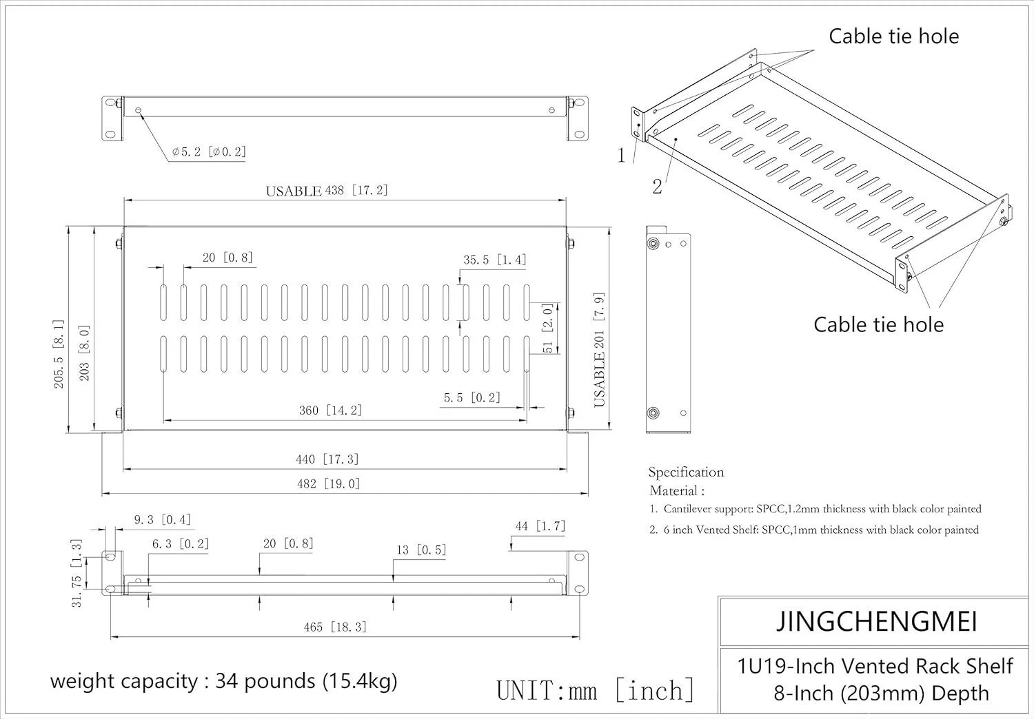 2 Pack 1U Vented Cantilever Shelf 8" 19" Rack Mount