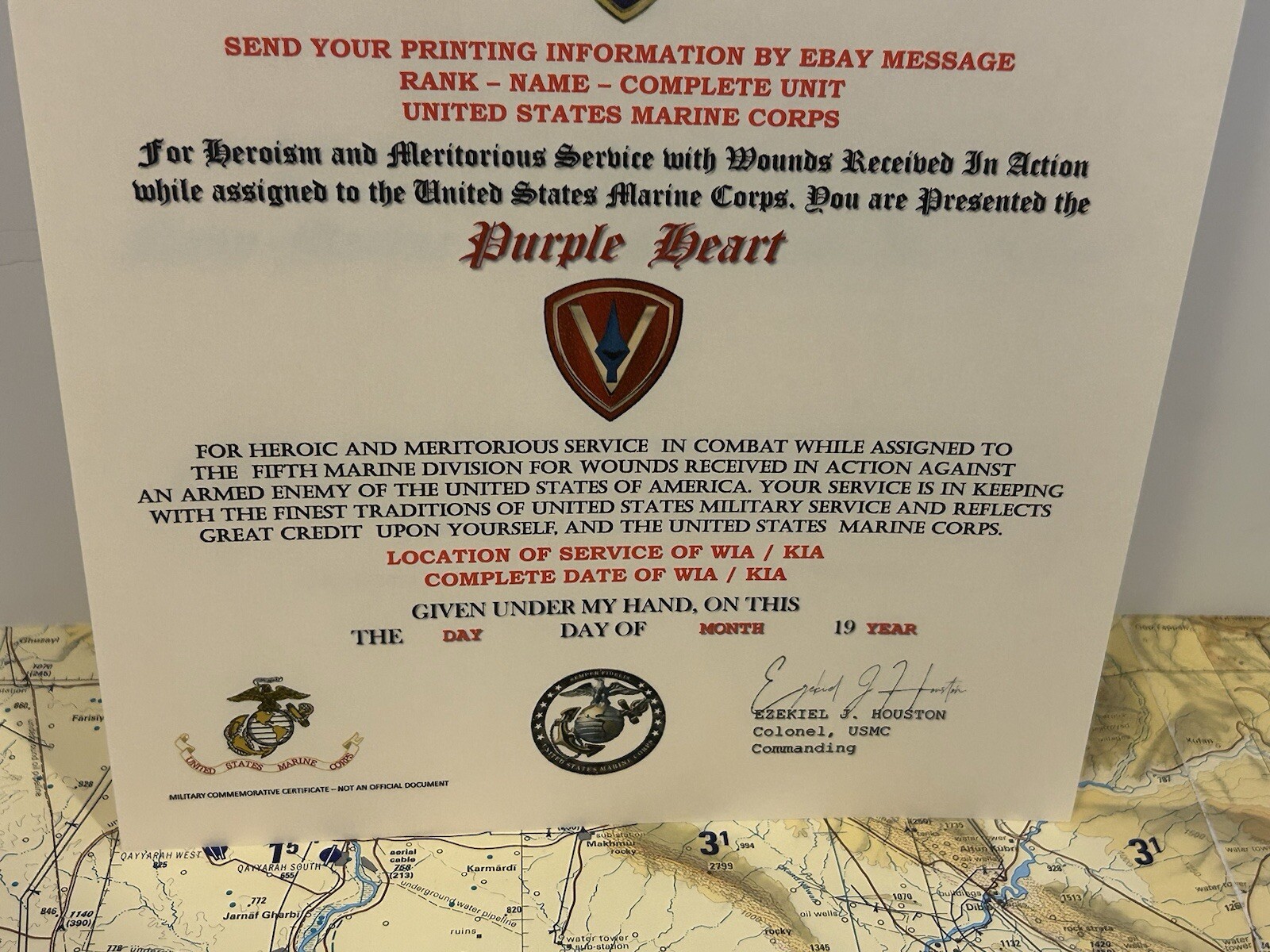 U.S.M.C. / P.H. MEDAL COMMEMORATIVE CERTIFICATE - 5TH MARINE DIVISION