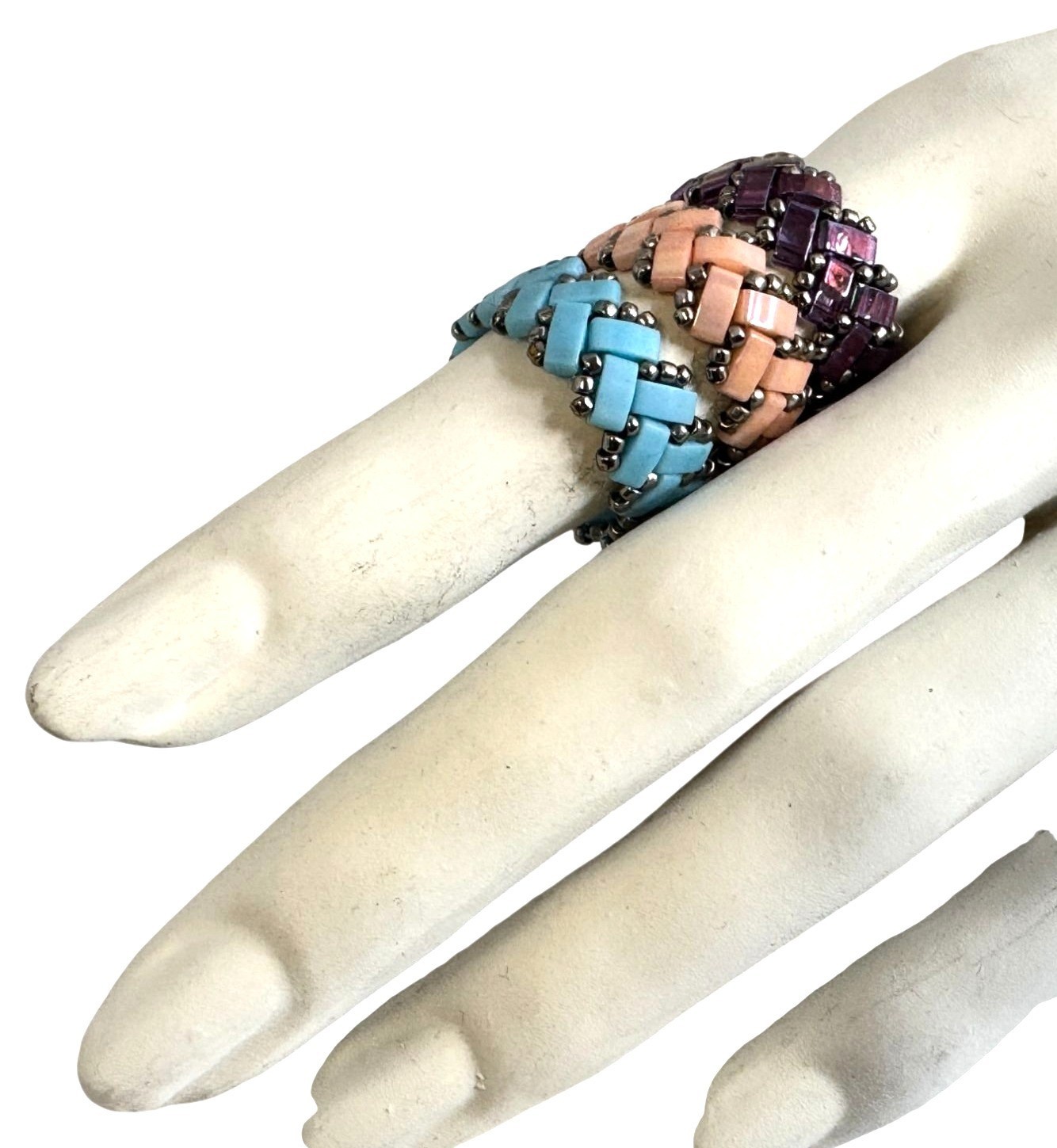 Turquoise Peach Purple Stretchy Woven Tila Beaded Rings
