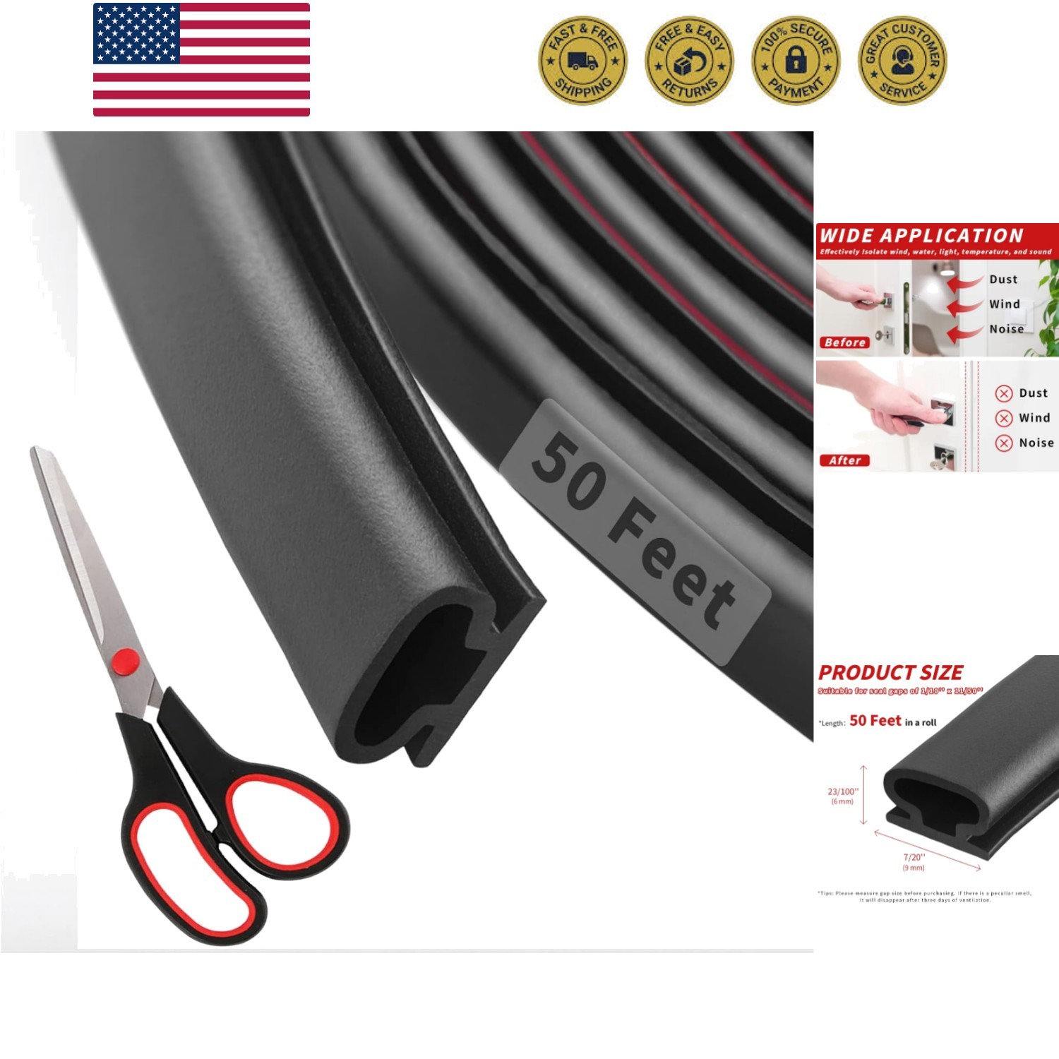 50 Feet D-Shape Rubber Weather Stripping Door Seal Strip, Self-Adhesive Backi...