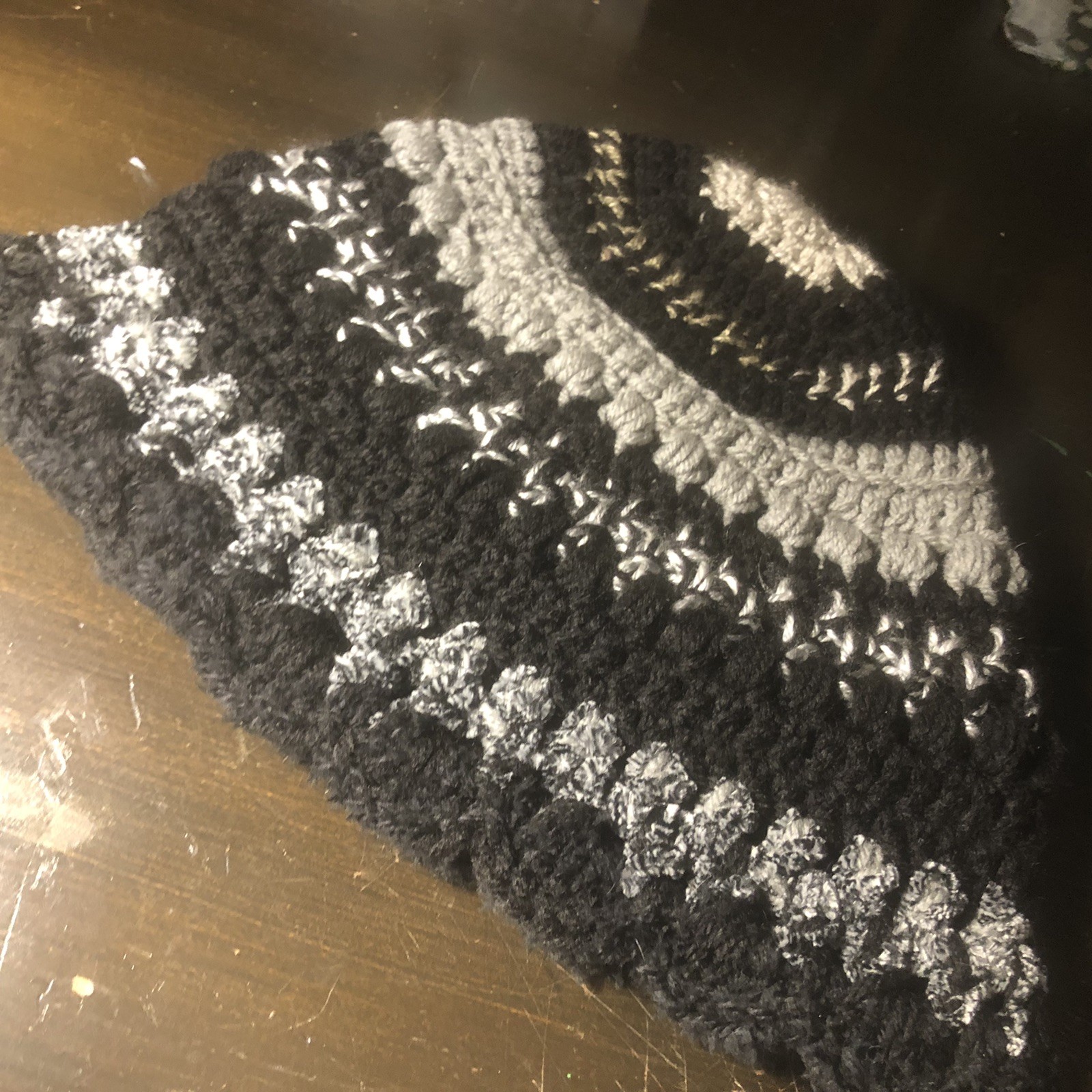 Handmade Crochet Winter Hat Textured ScrapBeanie, Black Grey Fur Ruffles