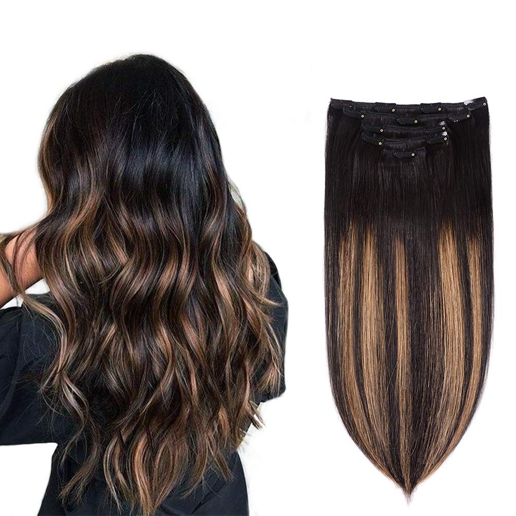 5 Pieces 20" Remy Clip In Hair Extensions Human Hair Natural Black To