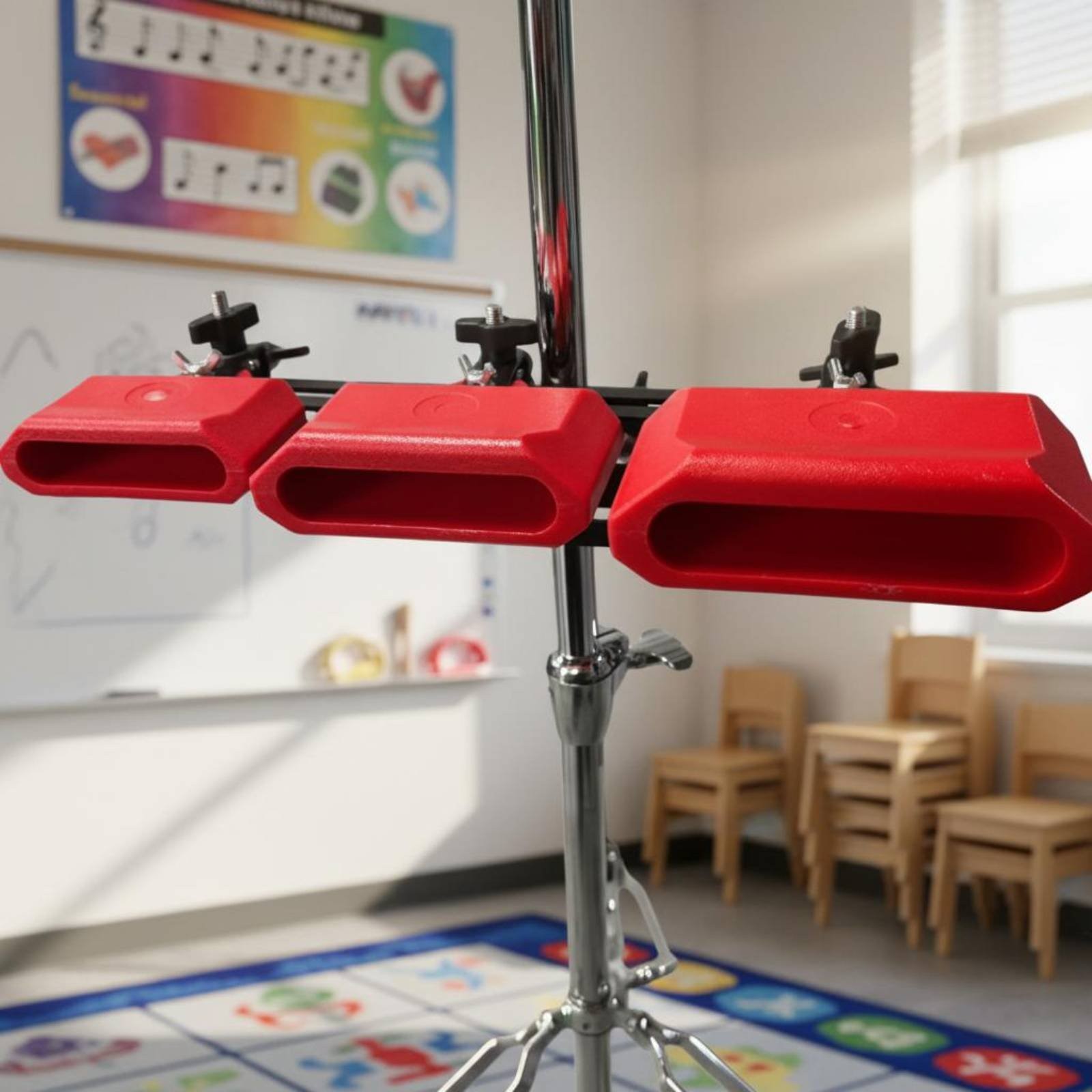 3 Pieces Drum Cowbells with Stand Assorted Sizes Wood Percussion Block Set