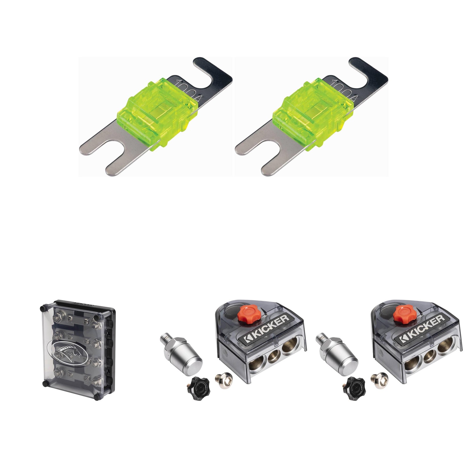 Kicker Warhorse (2) Battery Terminals & HPFD4 Fused Way Distribution Block w/...