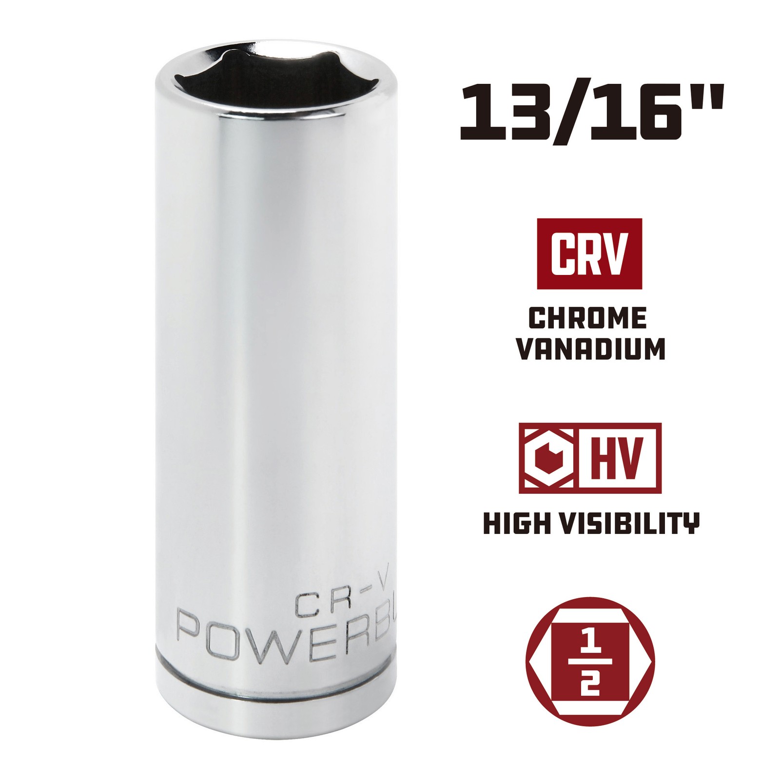 Powerbuilt 1/2 Inch Drive x 13/16 Inch 6 Point Deep Socket - 642204