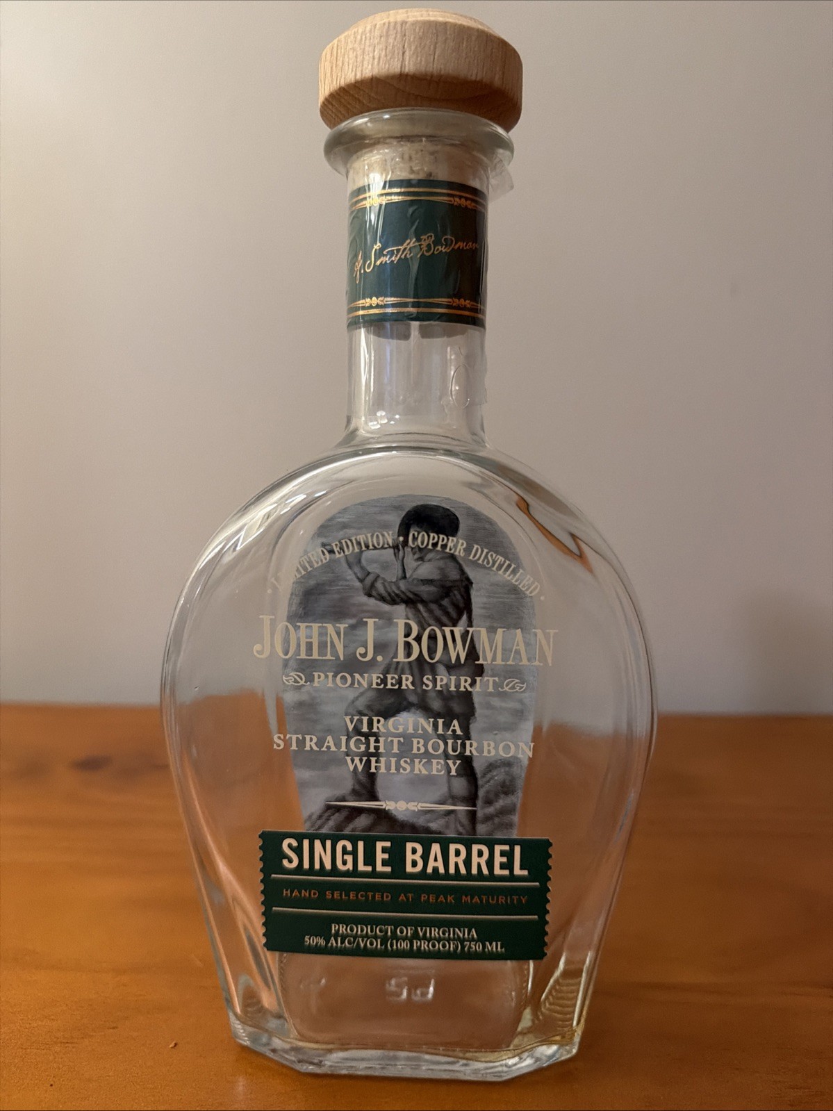 Empty John J Bowman Single Barrel Bourbon whiskey Bottle With Cork Unrinsed