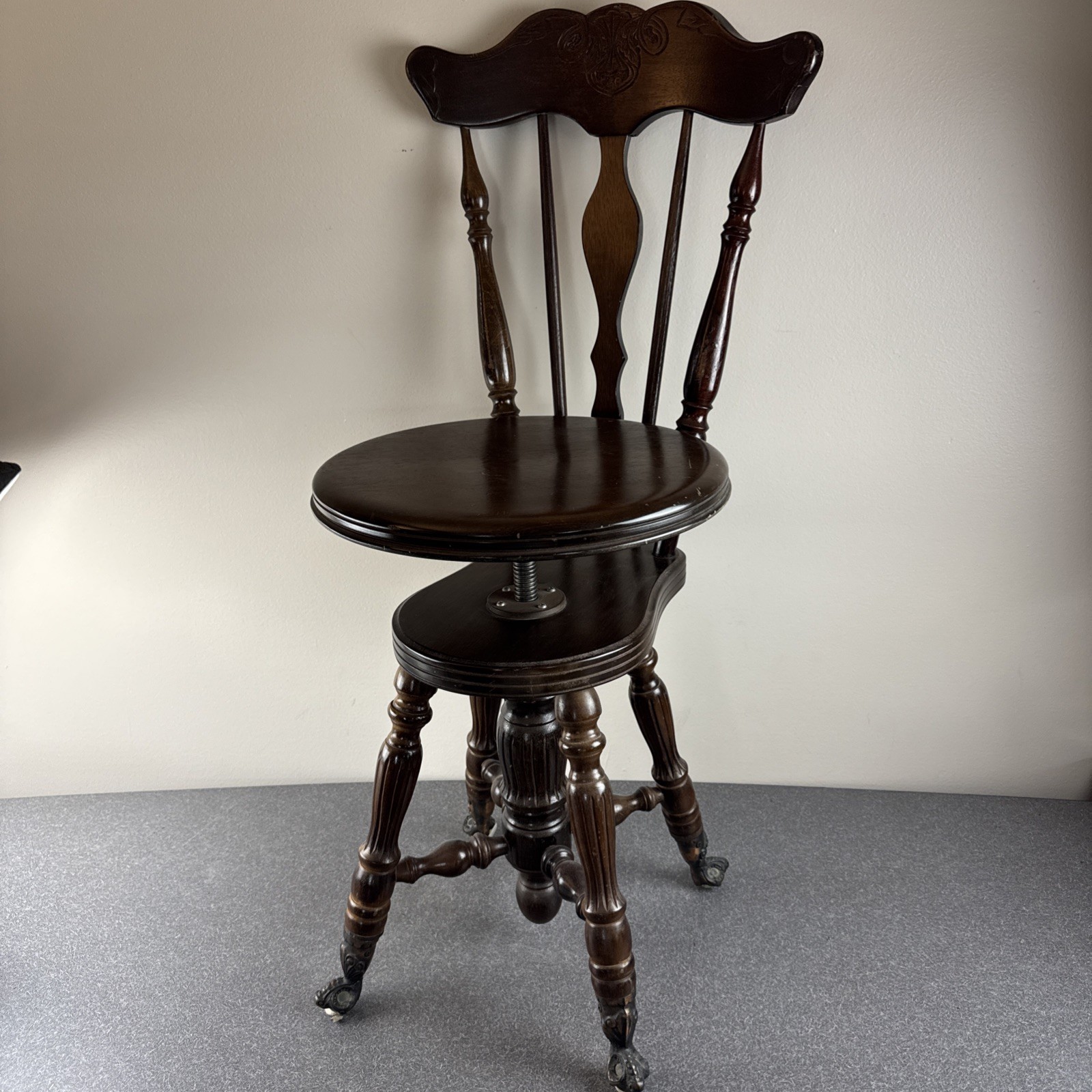 Antique High Back Adjustable Piano Organ Stool Glass Ball Claw Feet RARE