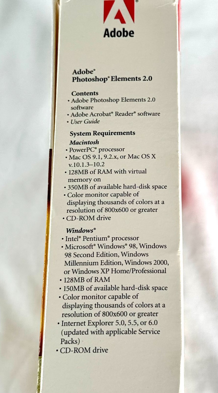 Adobe Photoshop Elements 2.0 Retail Box CD Manuals Win Mac Vintage Software Key