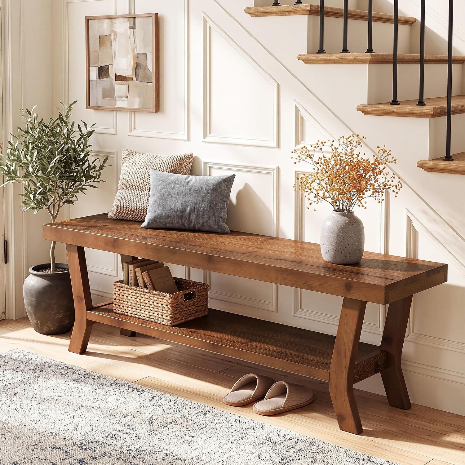 55-Inch Solid Wood Bench for Hallway, Farmhouse Entryway Bench with Shoe Storage