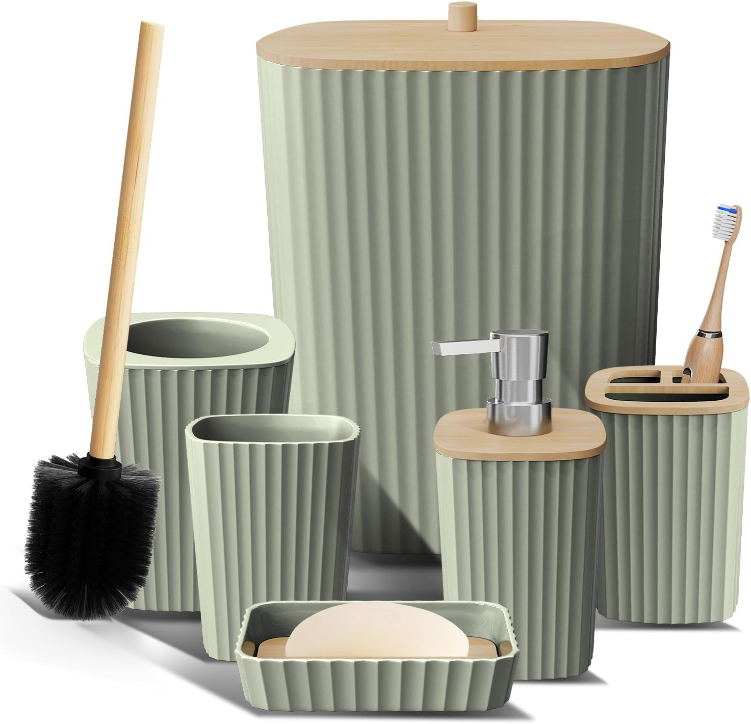 6 Piece Sage Green Bathroom Accessories Set Trash Can Toilet Brush Set