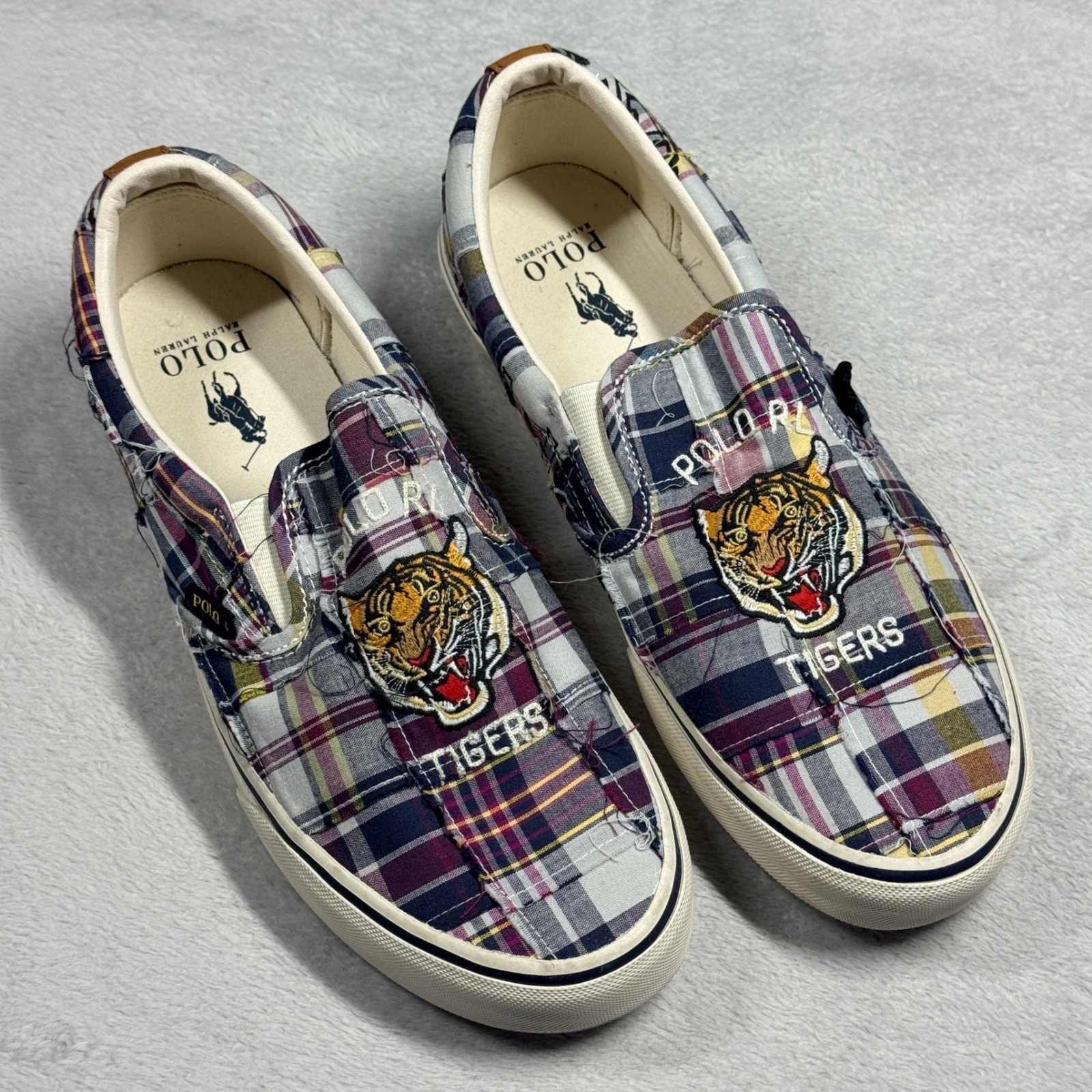 Polo Ralph Lauren Keaton Slip Shoes Mens 10.5 Plaid Patchwork Tiger Embroidered