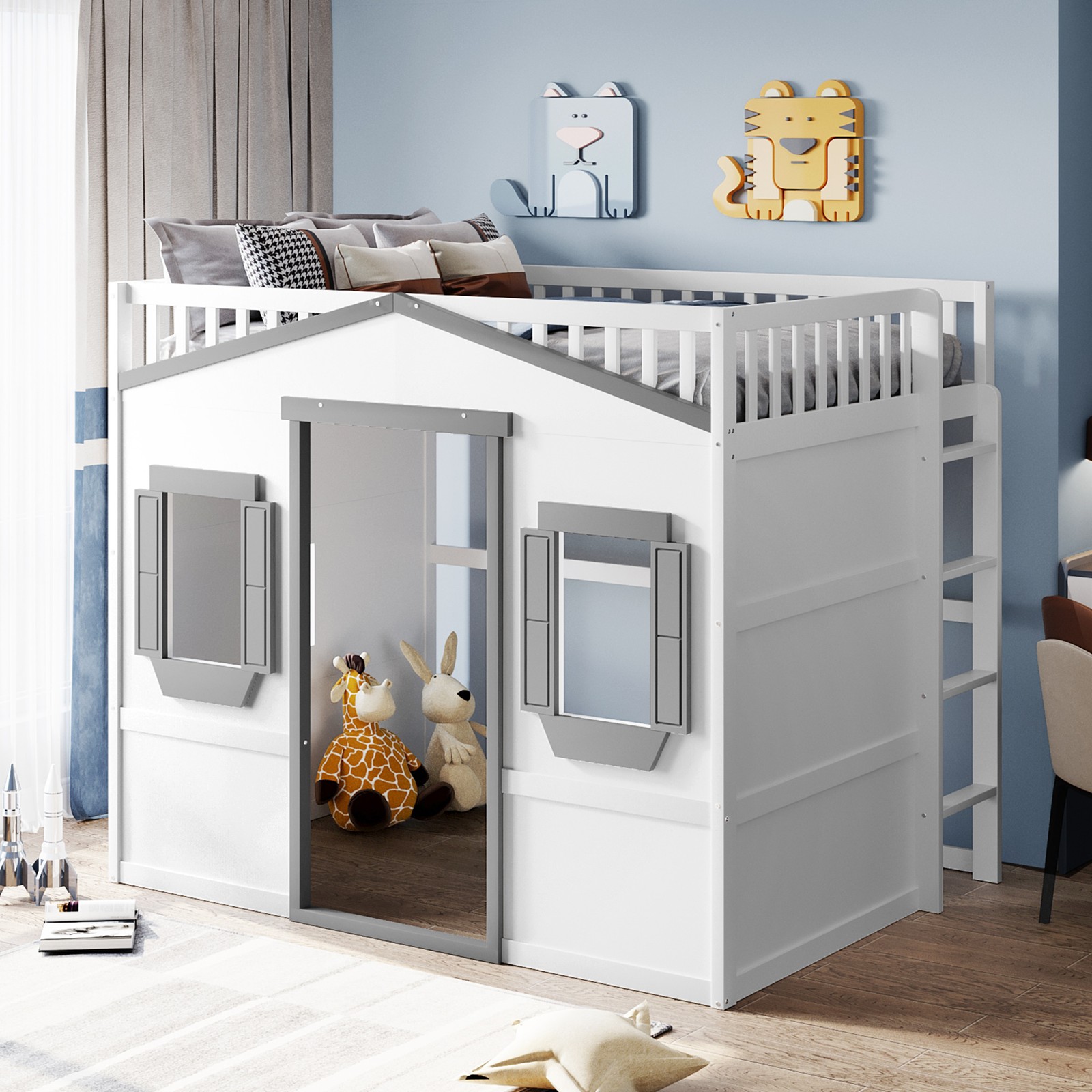 Full Size Loft Bed with Ladder - White Gray Frame, Solid Wood
