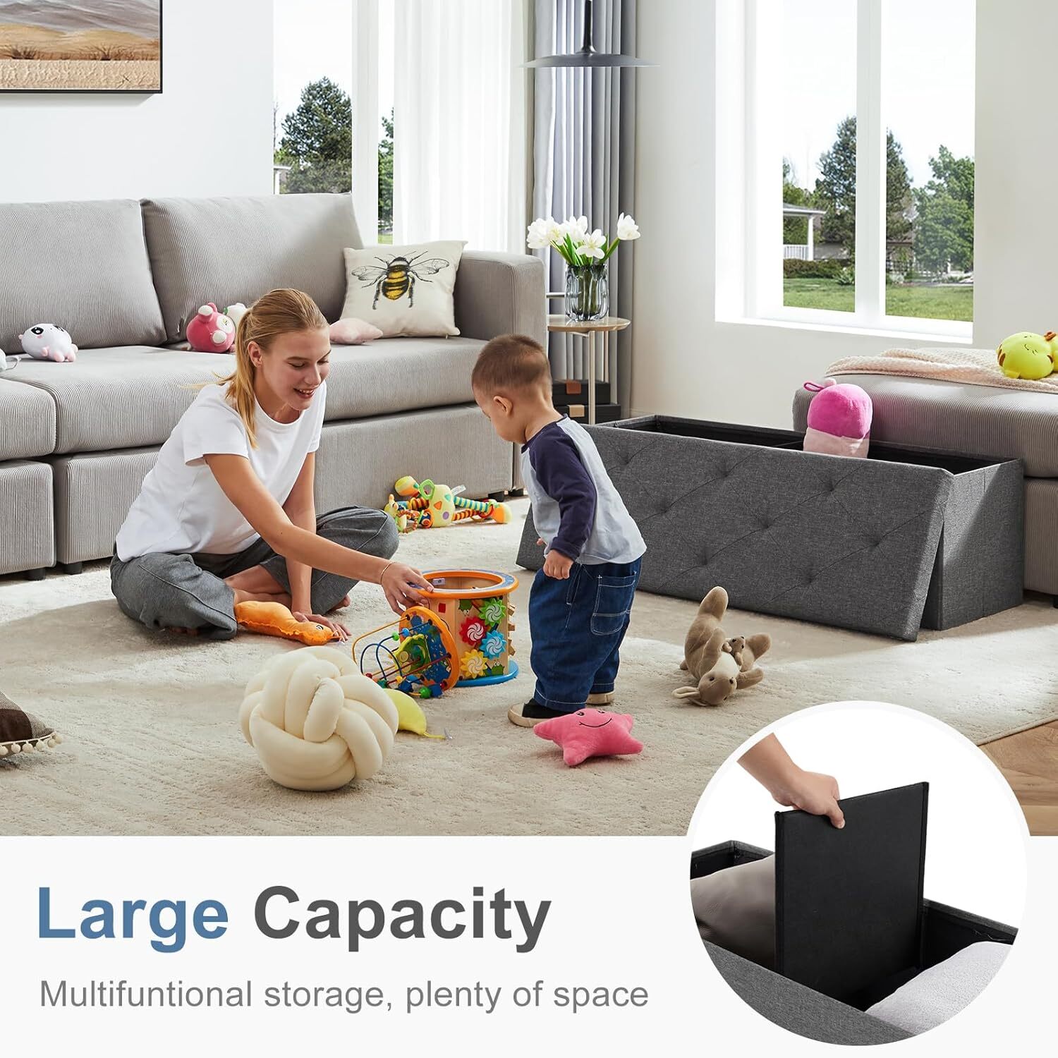 Foldable Storage Ottoman Storage Chest Bedroom End of Bed, Large Ottoman Bench