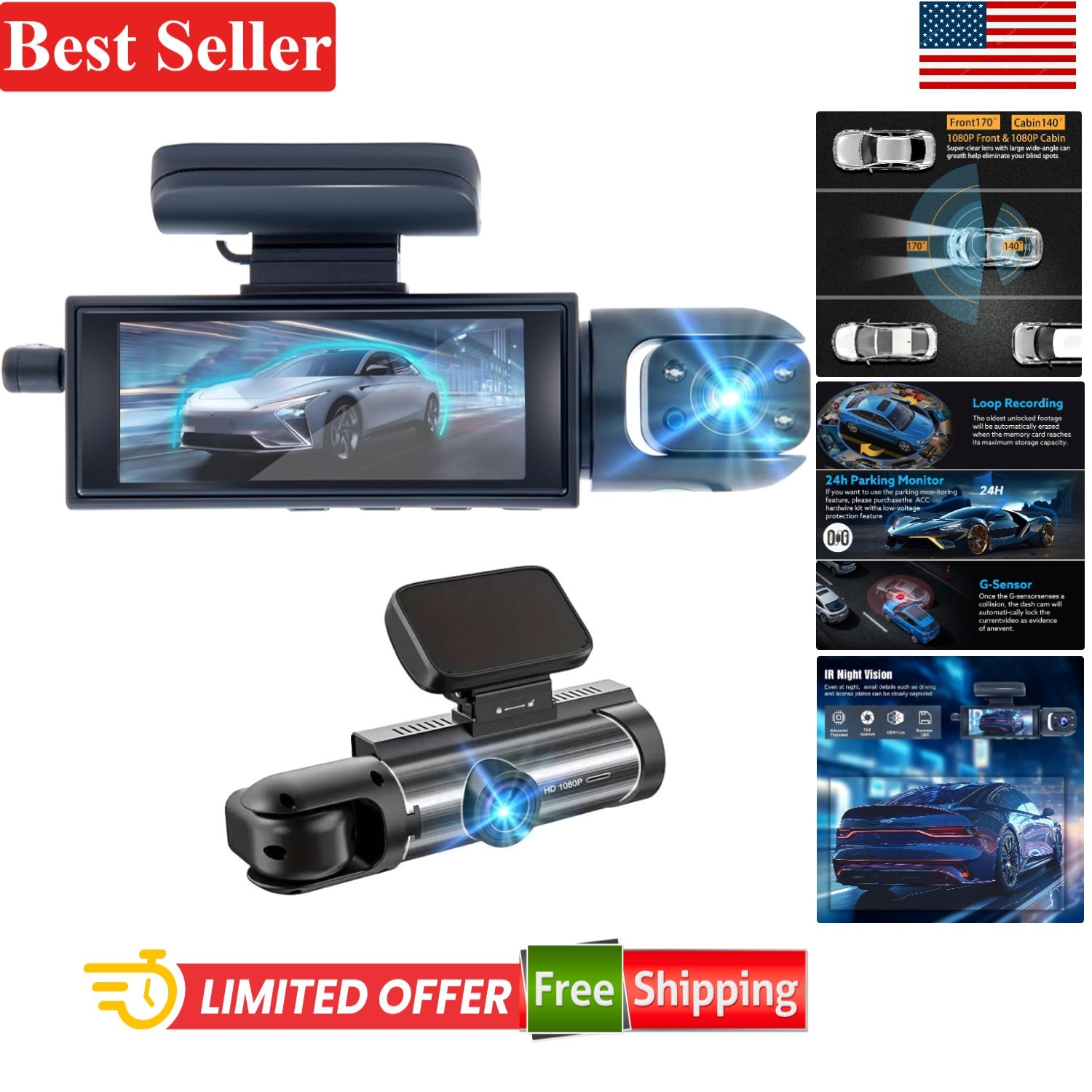 1080P Dual Dash Camera for Cars - Front & Inside with Night Vision & G-Sensor