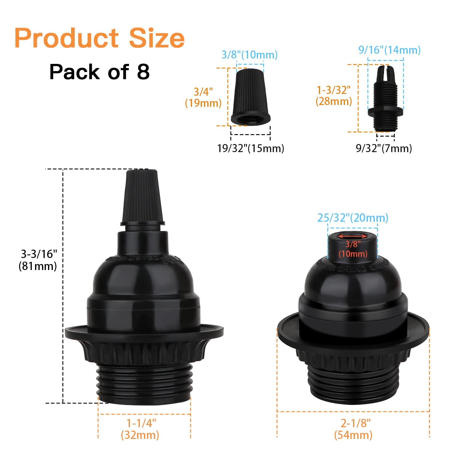8 Pack E26 E27 Light Sockets, Black Medium Screw Base with Shade Ring, Retro Per