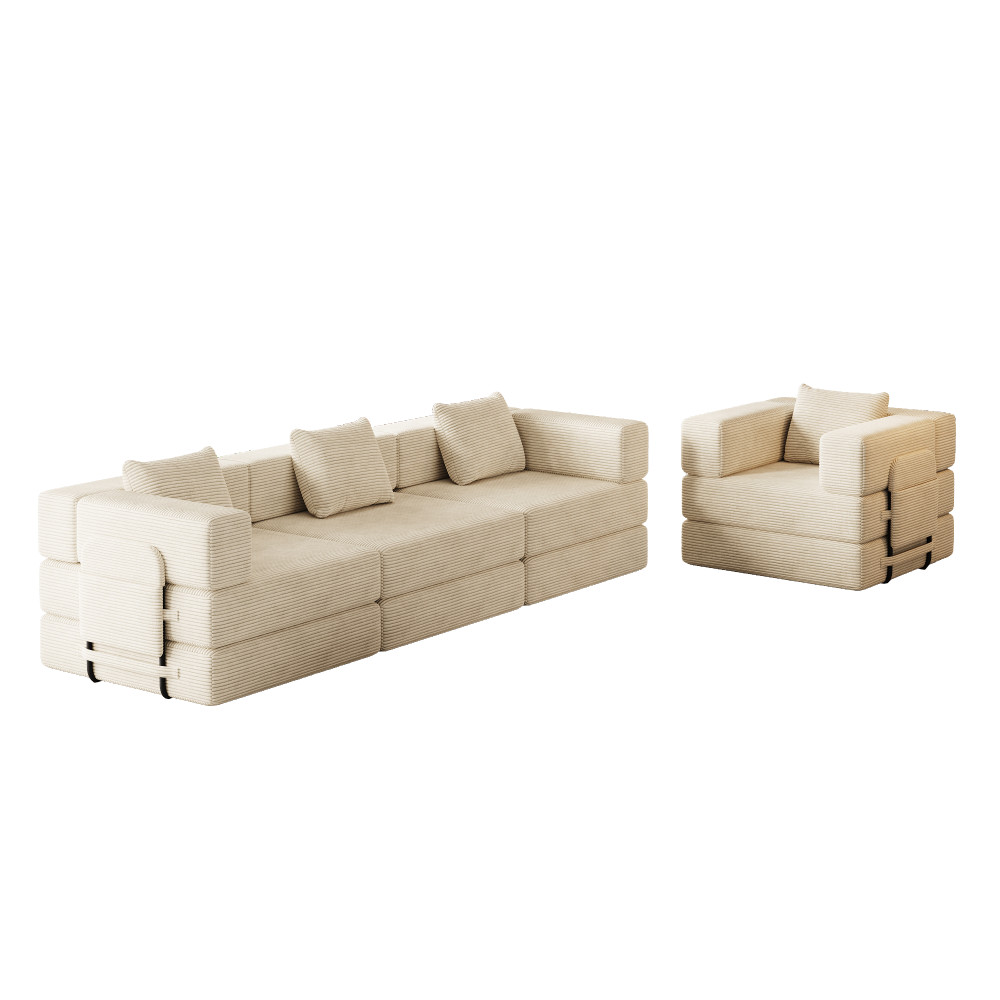 4-Seat Folding Sofa Bed w/ Storage Pockets, Corduroy Fabric, Beige
