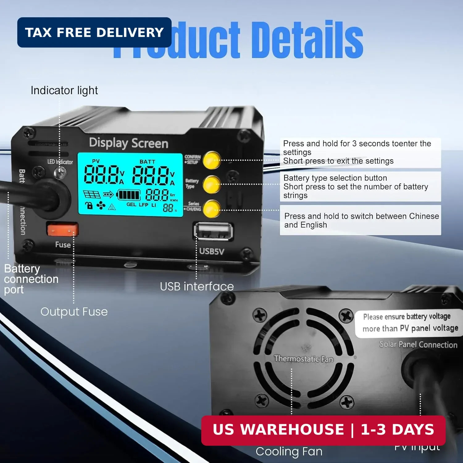 400W Boost MPPT Solar Charge Controller LCD Solar Panel Regulator LCD-400W