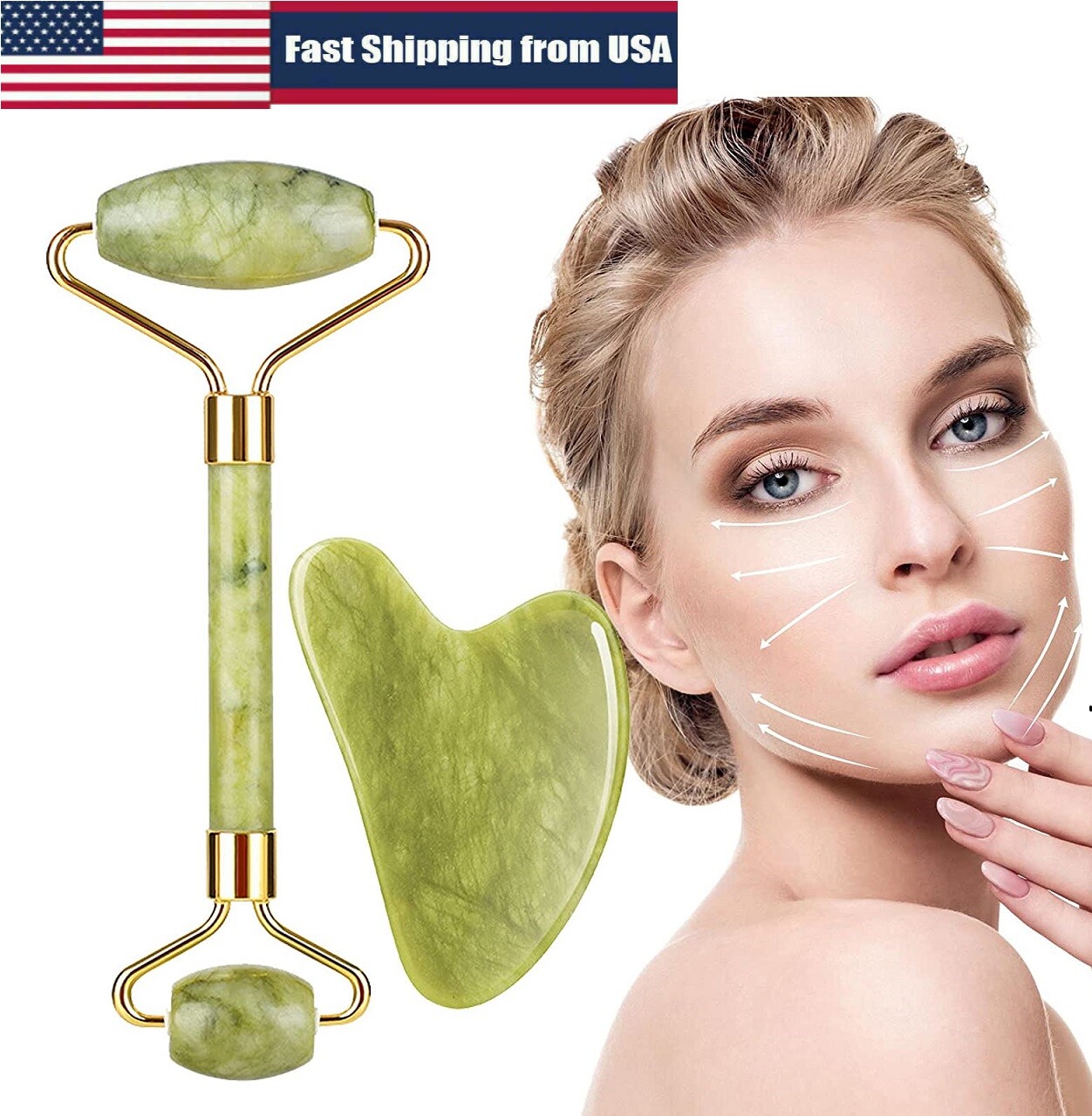 Natural Jade Roller Gua Sha Facial Roller Board Set Massager Tool Anti Aging US