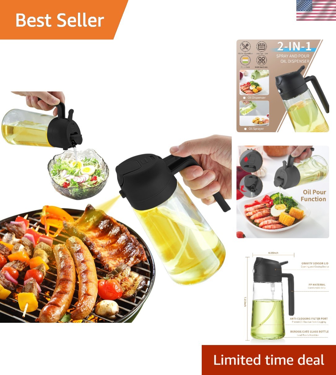 2-in-1 Glass Oil Sprayer 470ml with Press & Drip Nozzle – Reusable