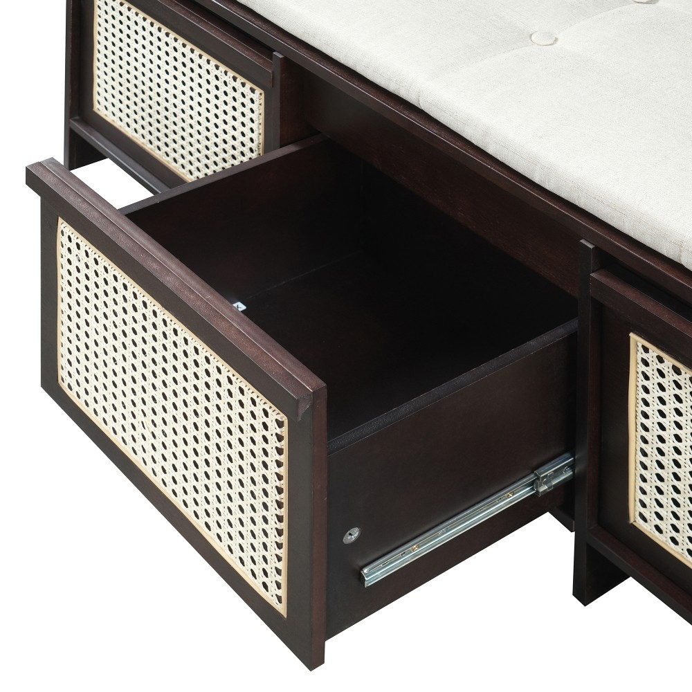 Entryway Shoe Bench, Retro Storage Bench with Rattan Drawers & Removable Button