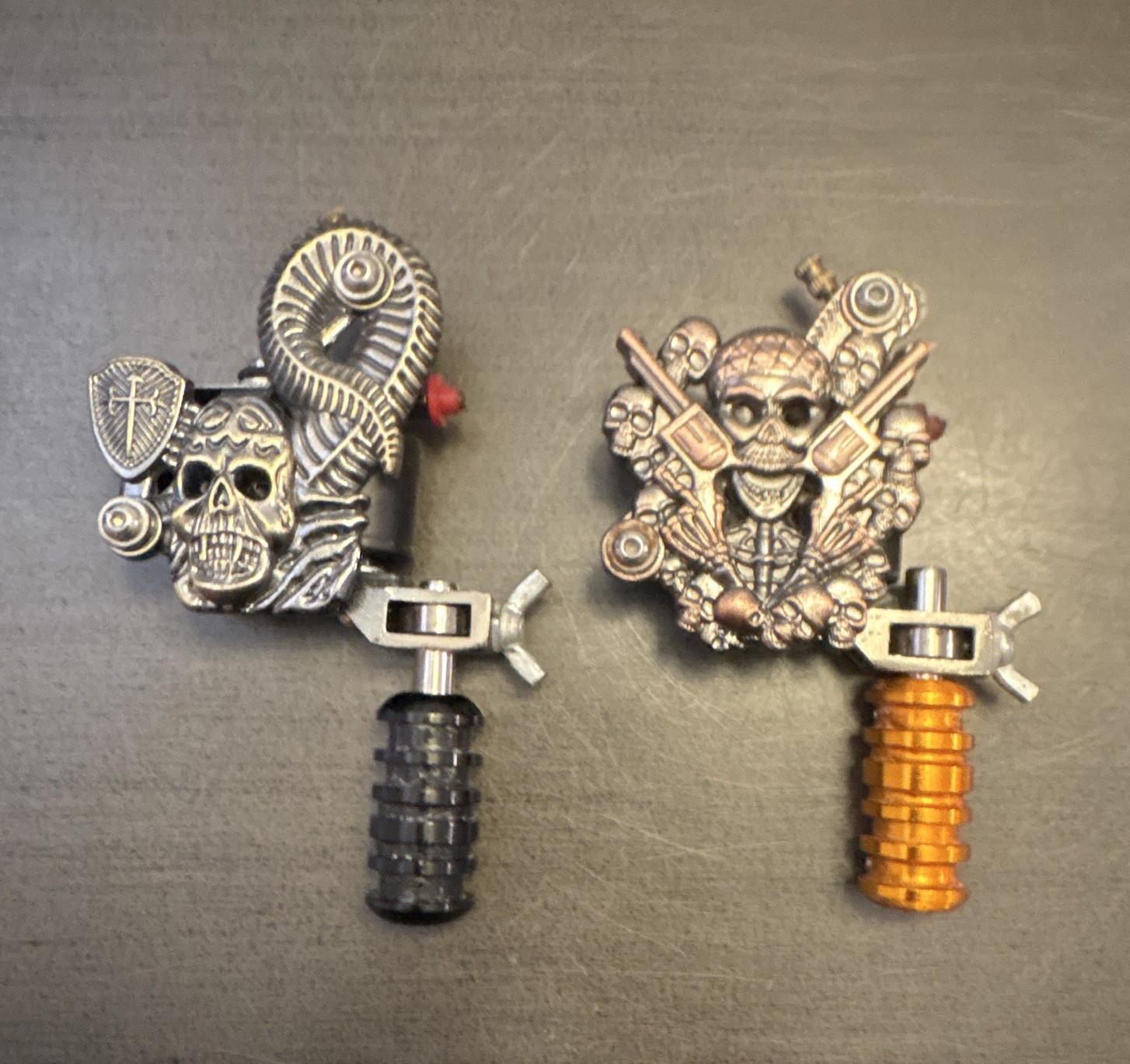Lot of 2 Lightweight Metal Coil Tattoo Machines Skull Design, Black/Orange