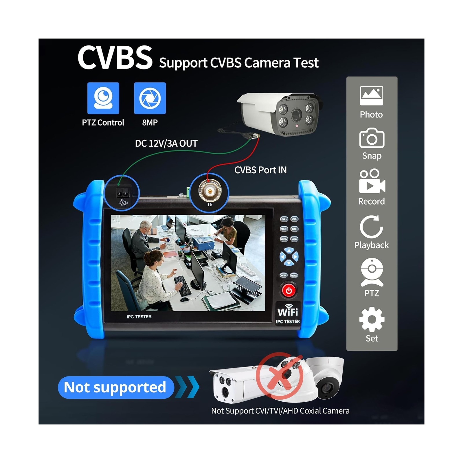 CCTV Camera Tester 7" IPS Touch Screen 6K 12mp IP Camera Tester CVBS Analog C...