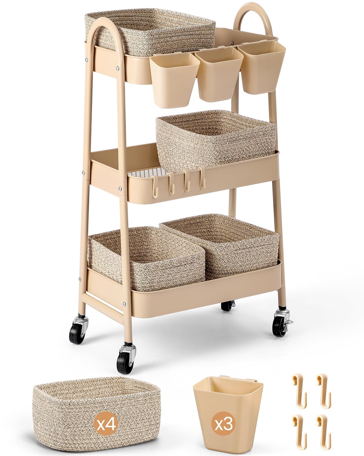 3 Tier Rolling Utility Cart with 4 Woven Baskets Diaper Book Snack Cart Storage