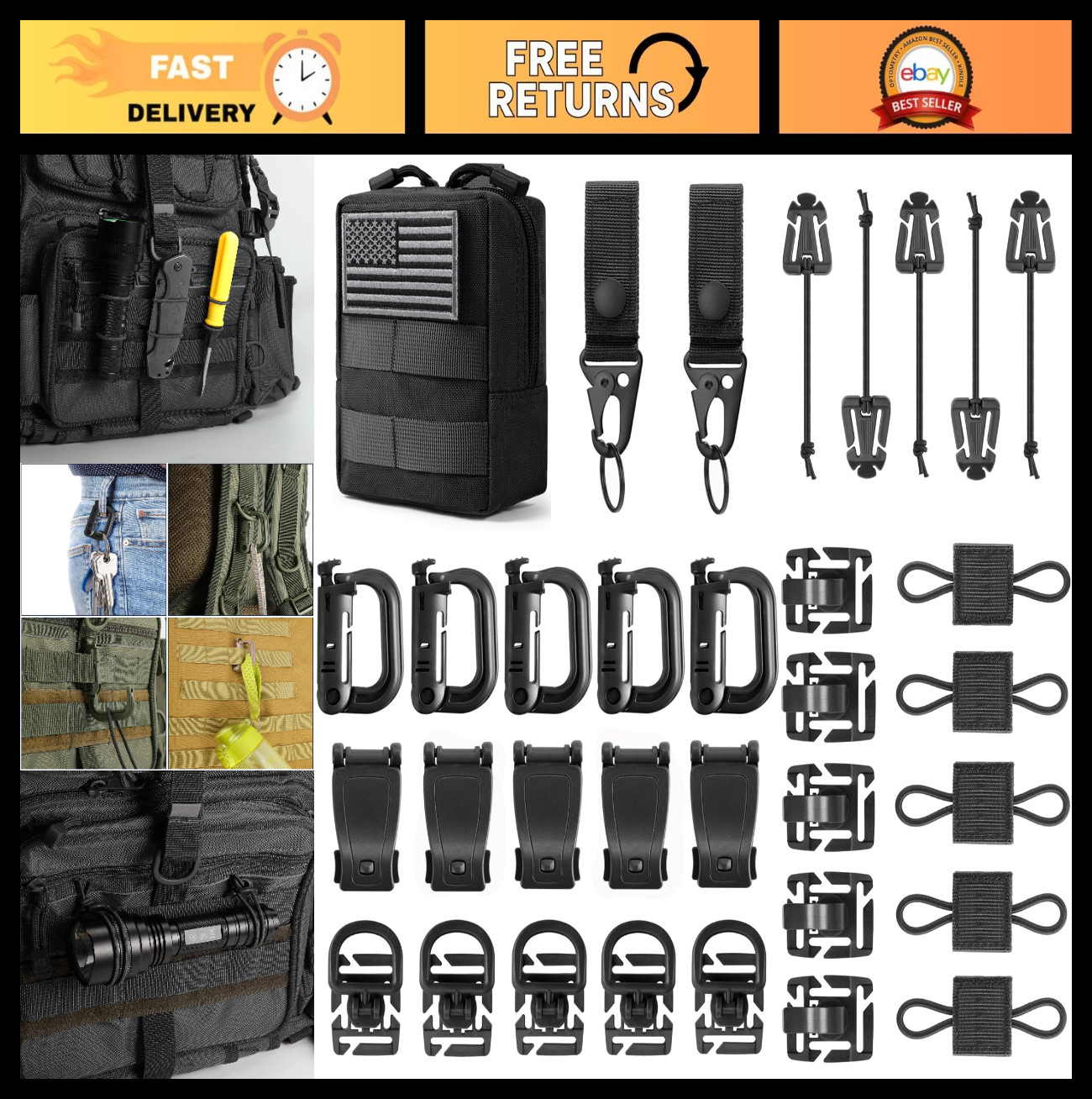 Tactical Molle Accessories Kit - 34 Attachments for Backpack, Belt, Vest, D-Ring