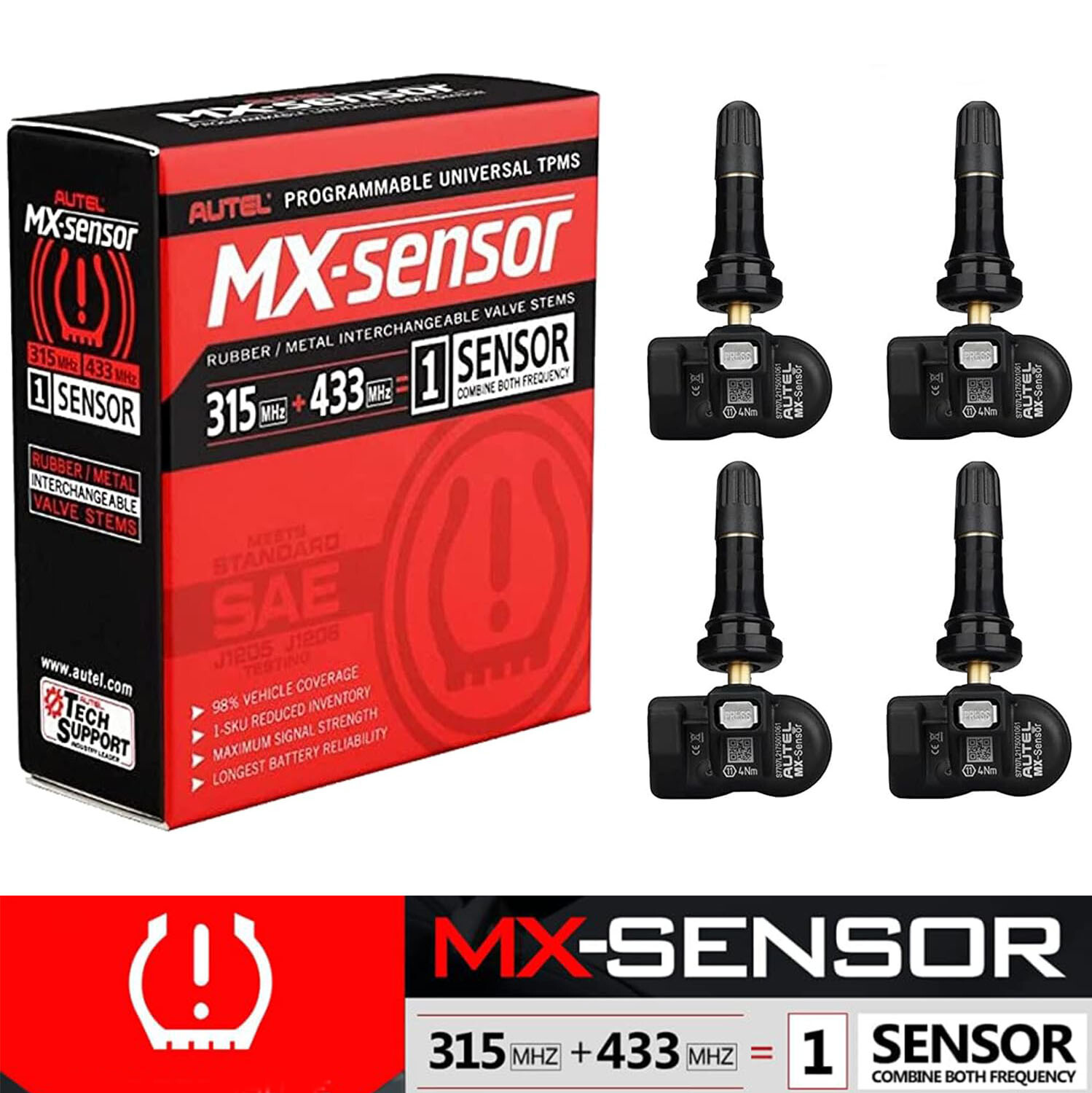 Autel TPMS MX-Sensor 315MHz & 433MHz Programmable Universal Tire Pressure Rubber