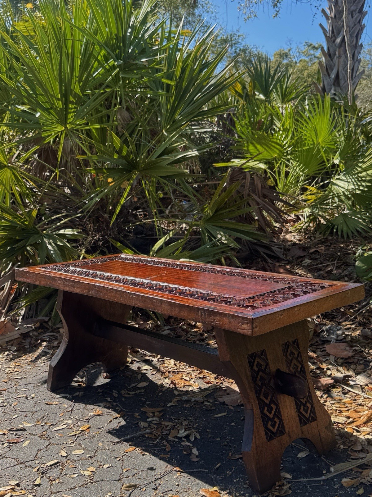 Antique Wooden Bench with Decorative Carvings, Dark Wood Tone, Brown, Seats 2