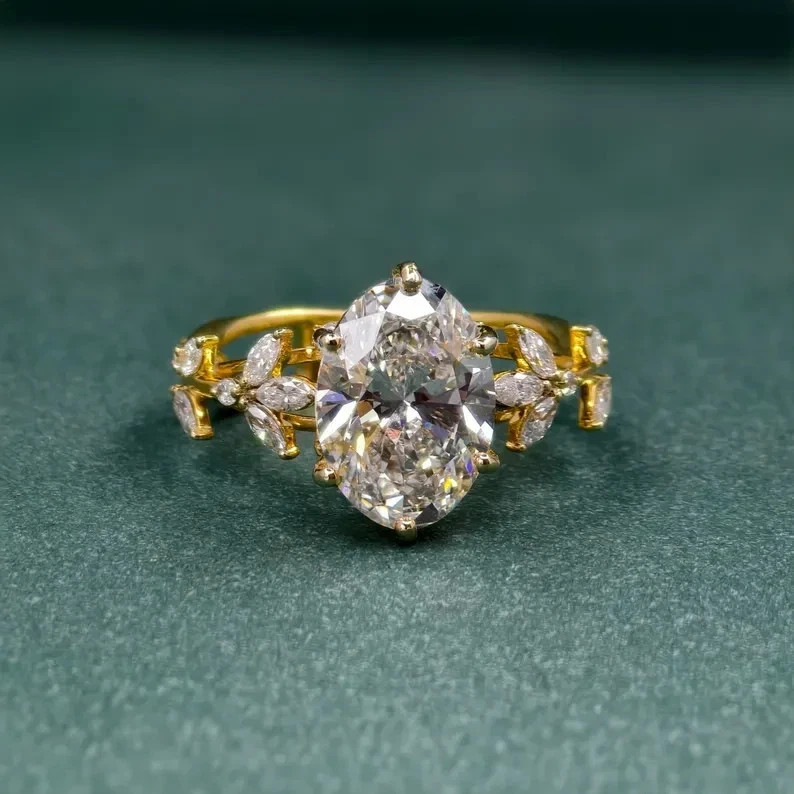 White Moissanite 3.20 Ct Oval Cut Prong Engagement Ring 14K Yellow Gold FN