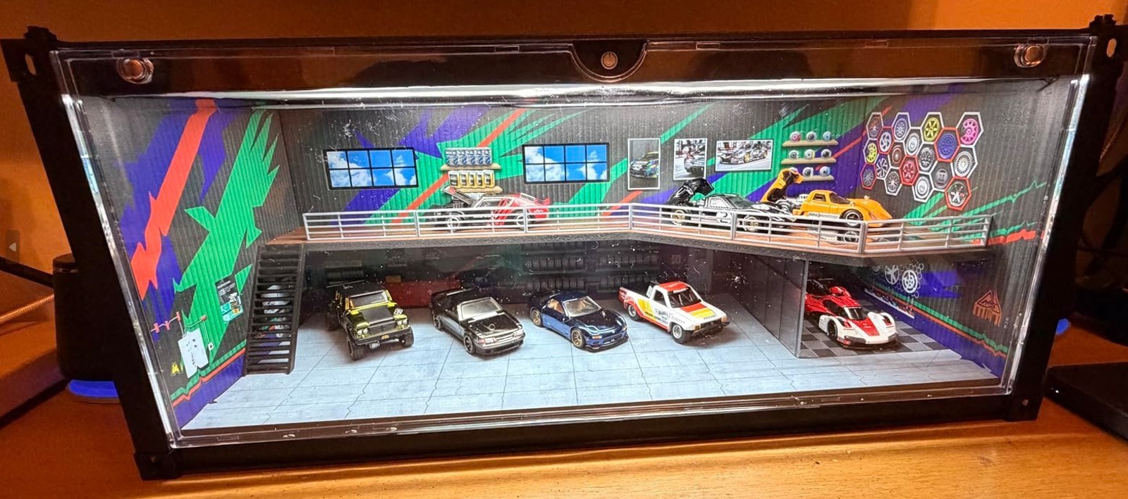 Car Display Case LED Light Model Diecast 1/64 Garage Door Box Container Diorama