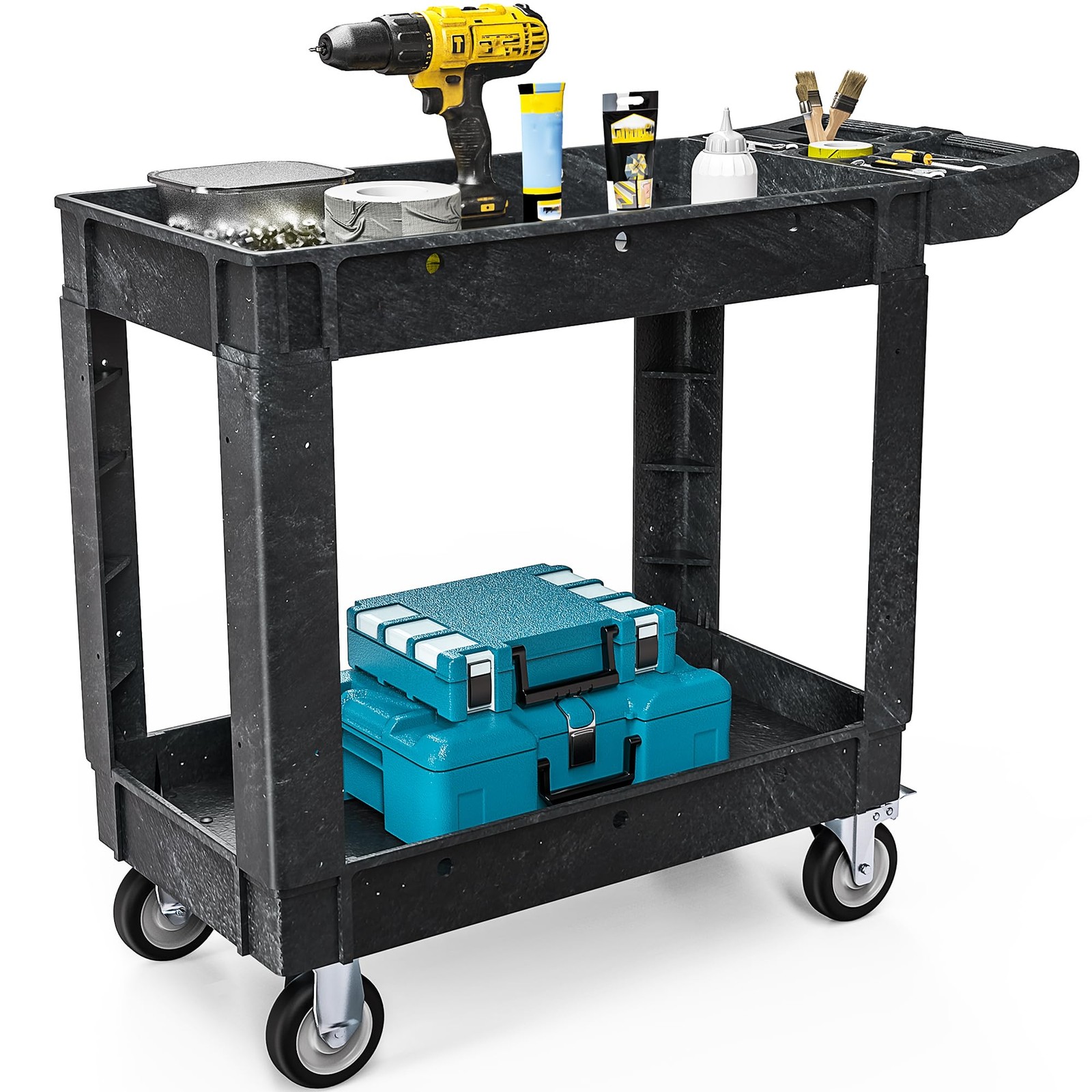 Utility Cart 2 Shelf Heavy Duty Plastic Service Cart 1000 lb Capacity