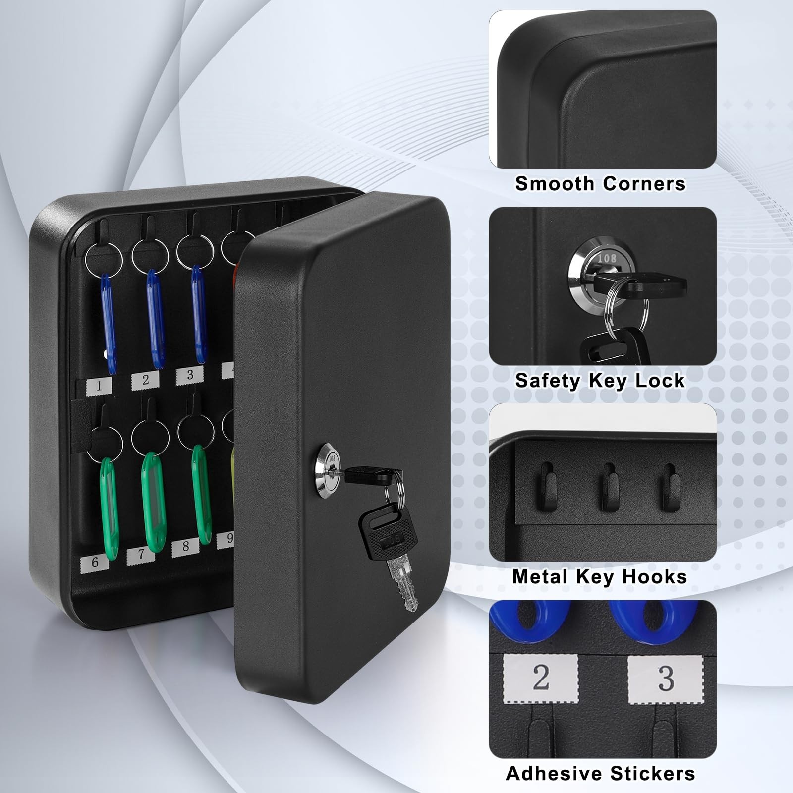 KYODOLED Key Cabinet Wall Mount, Locking Box 20 Key, Black With Lock