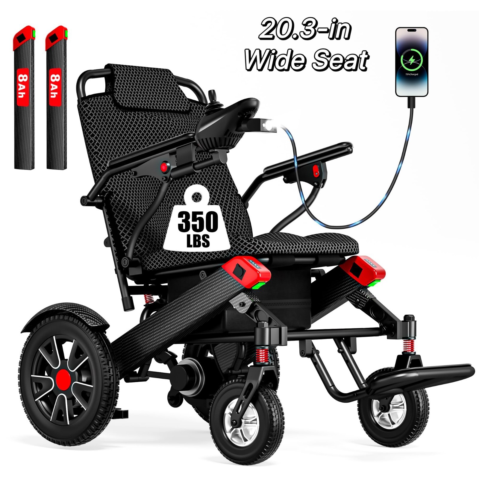 Electric Wheelchair Foldable Lightweight 500W 350LBS 20.3" Wide Seat All Terrain