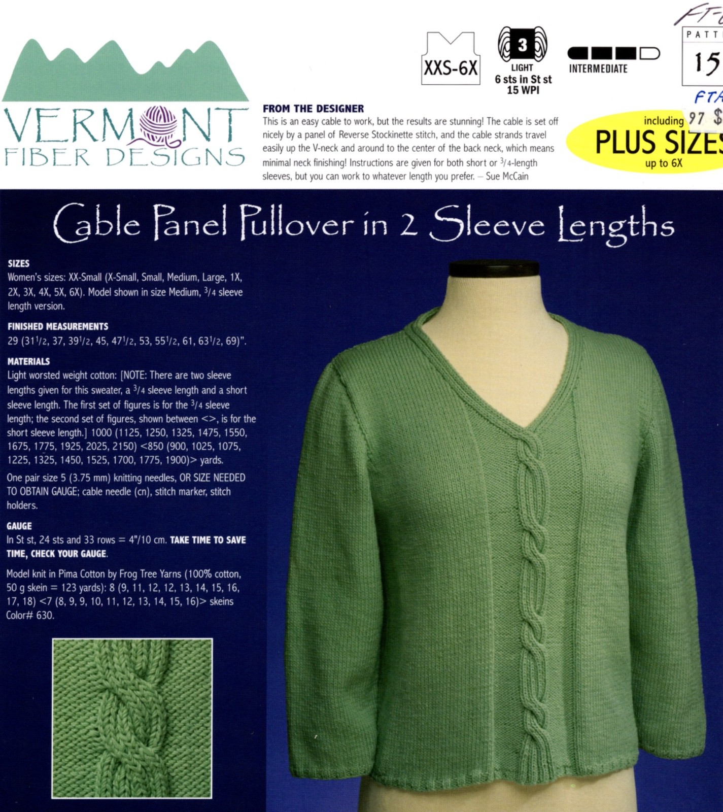 Vermont Fiber Knitting Pattern 158 Cable Panel Pullover - Women 29"-69"