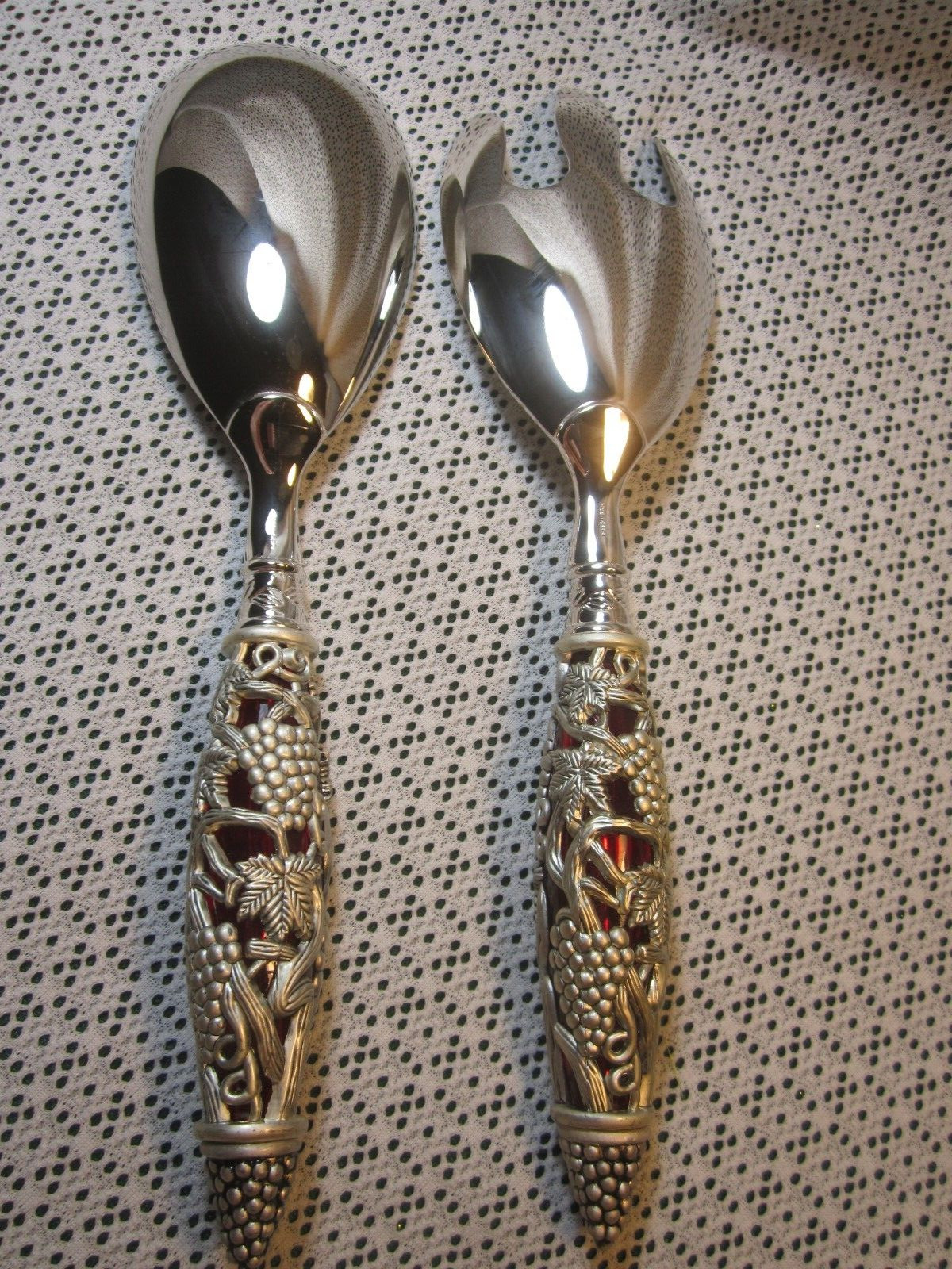 Neiman Marcus Silver Plate 2 Piece Ruby Red Handle Godinger Serving Spoon Fork