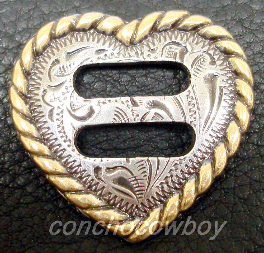 WESTERN HORSE HEADSTALL TACK ANTIQUE GOLD ROPE EDGE HEART SLOTTED CONCHO 1-1/4"