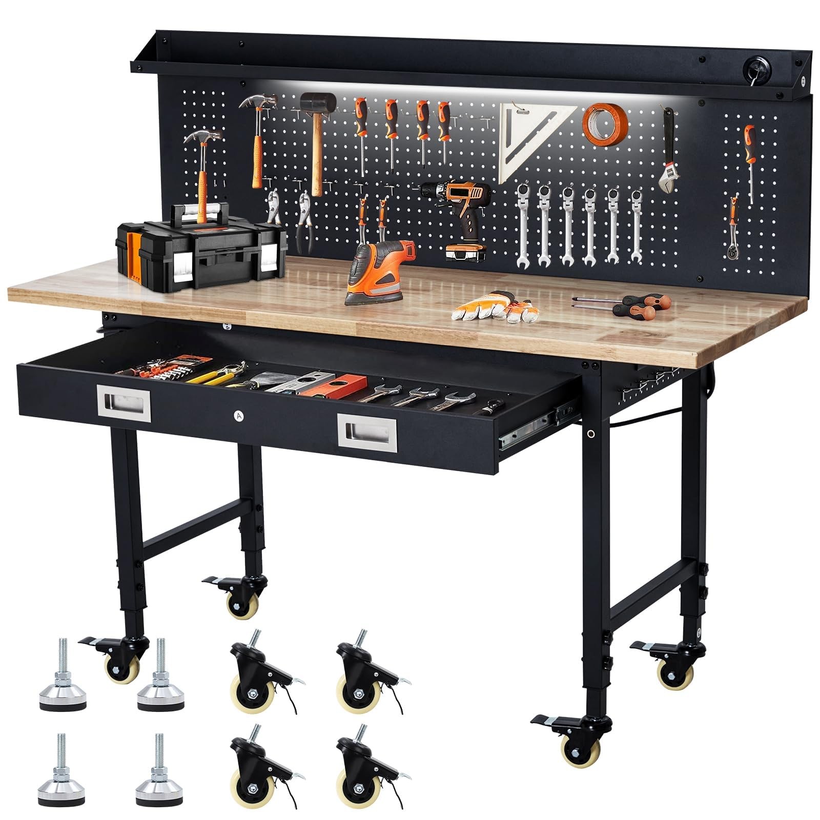 60"x22" Adjustable Workbench for Garage Work Table with Power Outlets & Pegboard