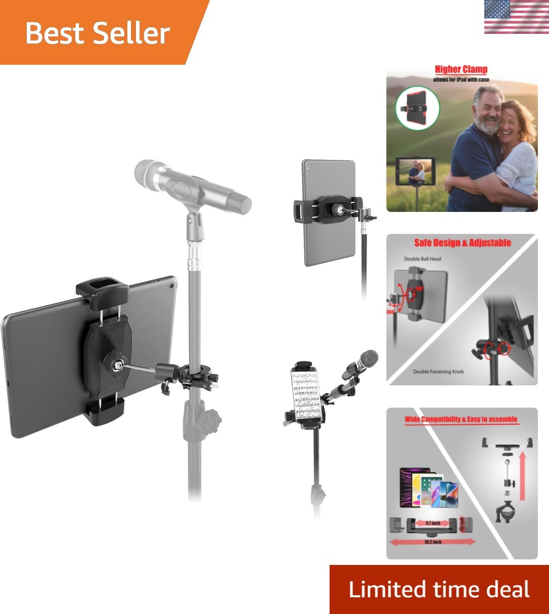 360° Adjustable Tablet Holder for Mic Stand - Fits All 4.7'' to 12.9'' Devices