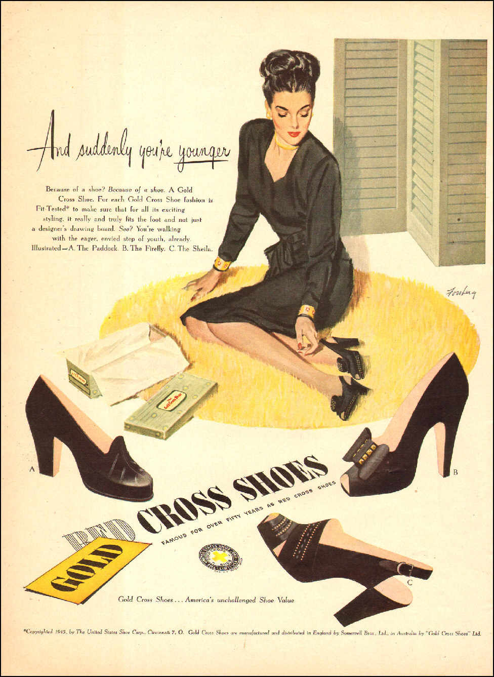 1947  vintage fashion AD Gold Cross Shoes ART Classy model Eric Forsberg  082217