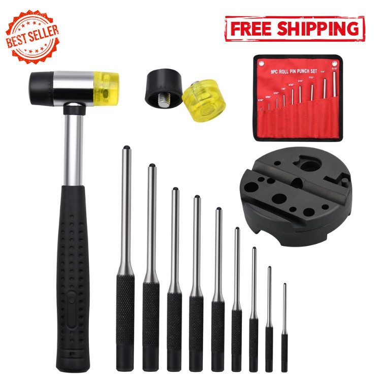 14 Piece Pin Punch Set with Block Hammer and Spare Rubber Heads Kit