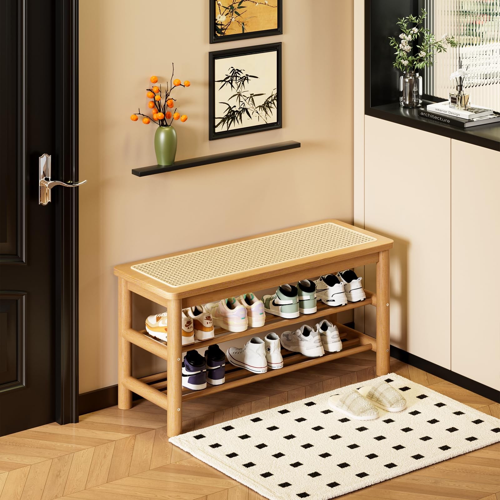 Sobibo Bamboo Shoe Rack Bench Rattan Seat 3-Tier Shoe Storage Bench Entryway