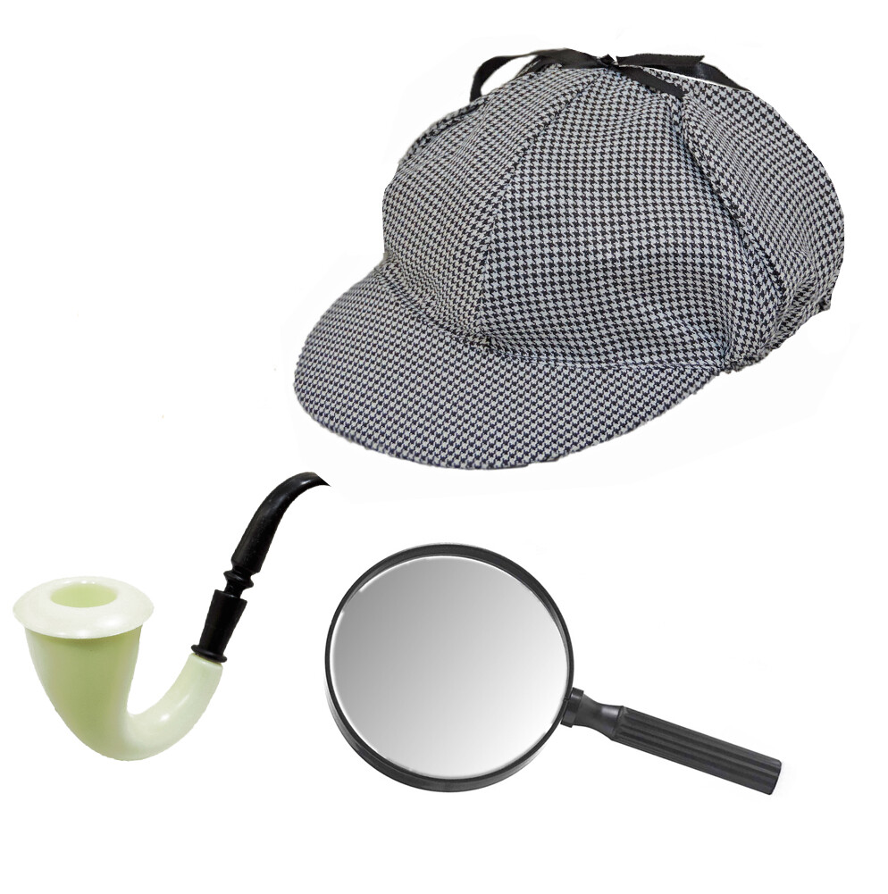 Adult Sherlock Holmes Detective Sleuth Costume Hat With Pipe & Magnifying Glass
