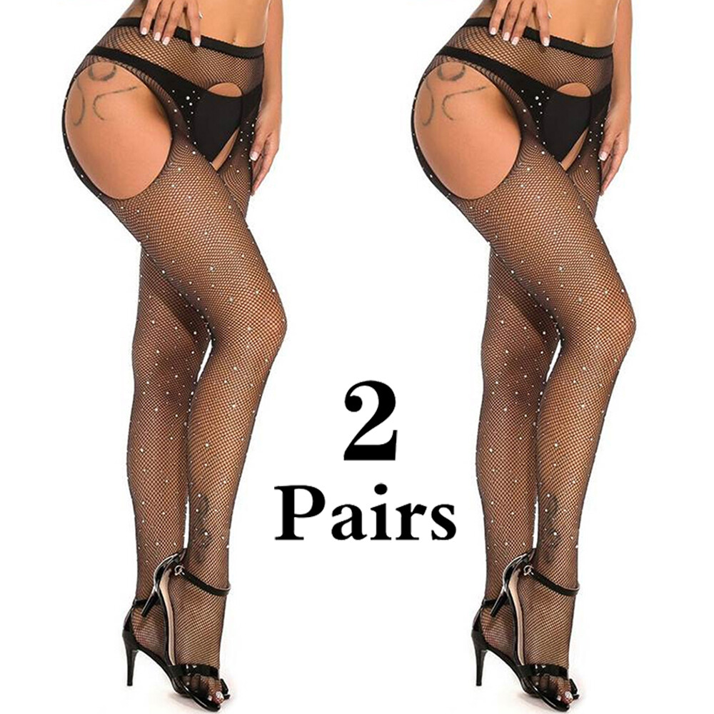 Cytherea 2 Pairs Women Elastic Stockings Sexy Rhinestone Fishnet Mesh Pantyhose