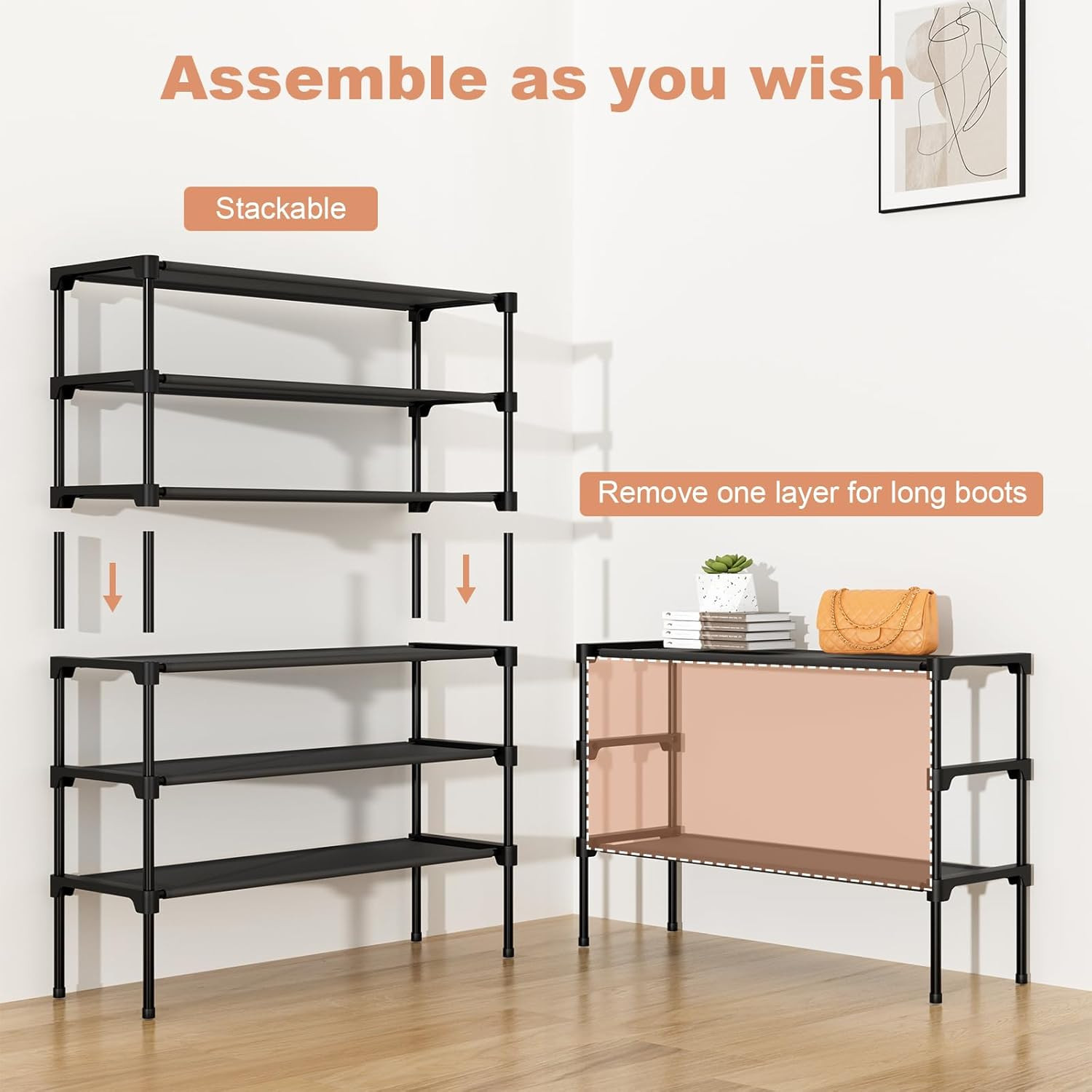 32.3" Widening Design Shoe Rack for Closet 16 Pairs Small Spaces Non-Woven 3 Tie