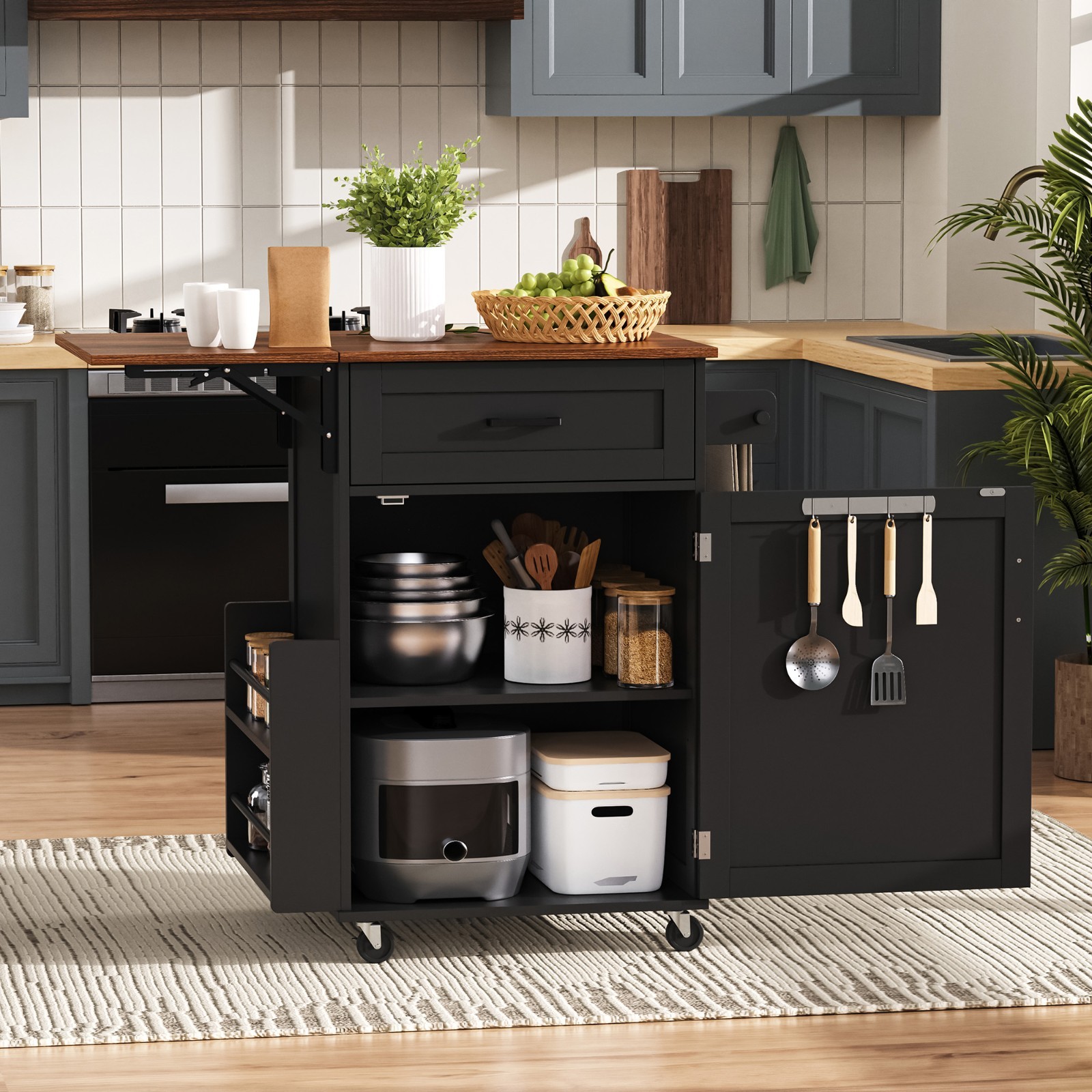 Rolling Kitchen Island Cart Storage Cabinet with Drop Leaf and Side Rack