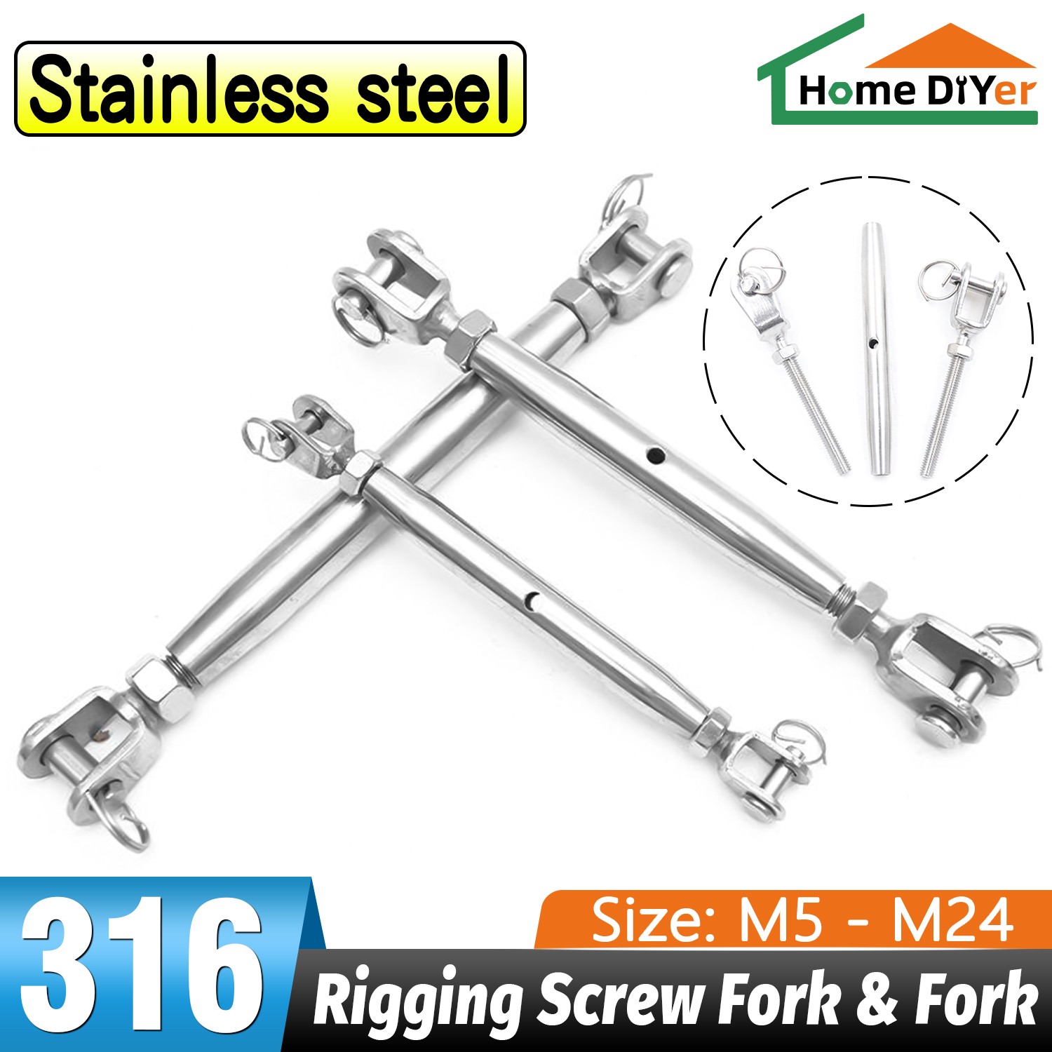 Stainless Steel Turnbuckle Rigging Screw Jaw to Jaw Wire Rope Tensioner A4 316